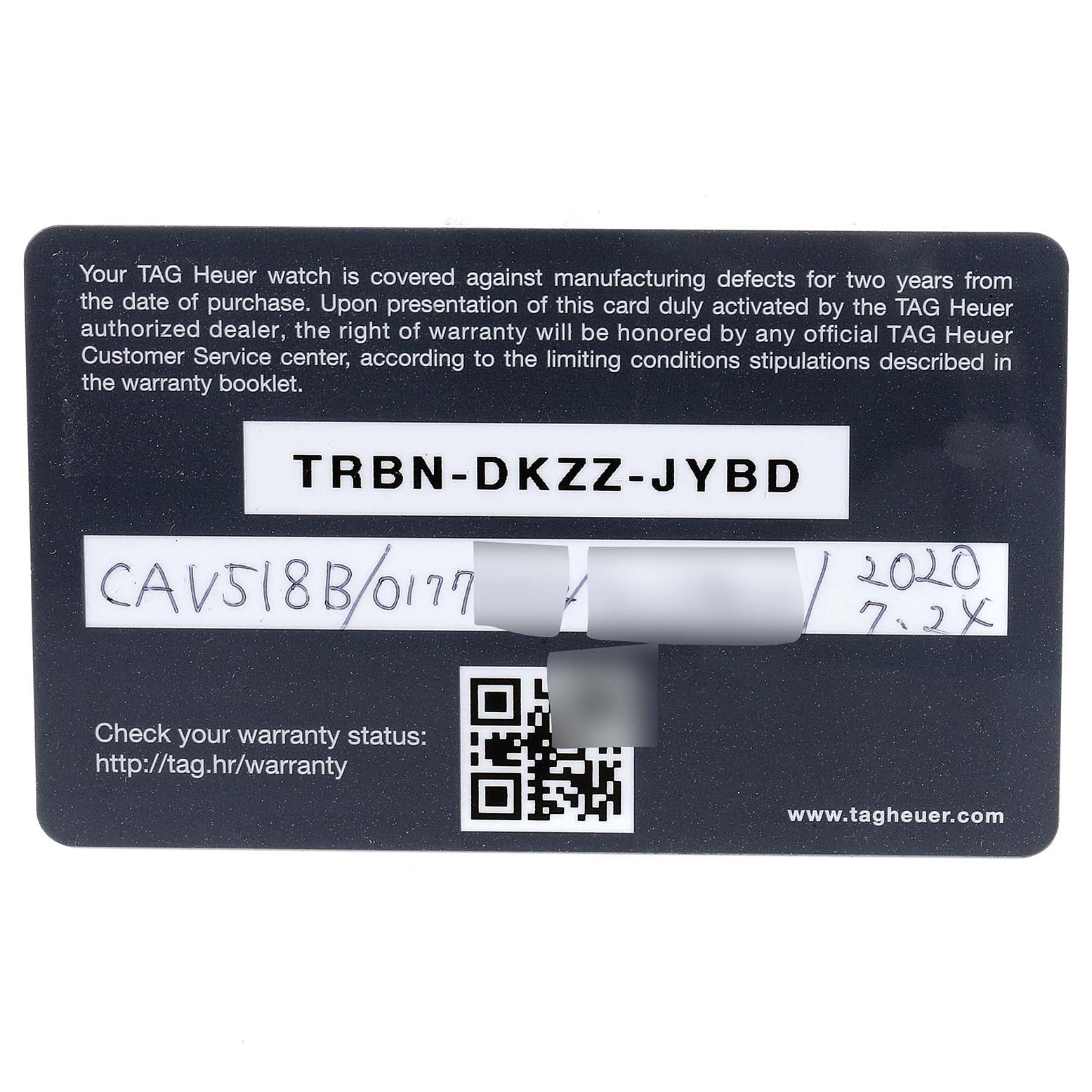 This image shows a close-up of a Tag Heuer Carrera CAV518B.FT6016 Men
s Titanium Black Dial CAV518B.FT6016 Men
s Titanium Black Dial warranty card with the model number and other details.