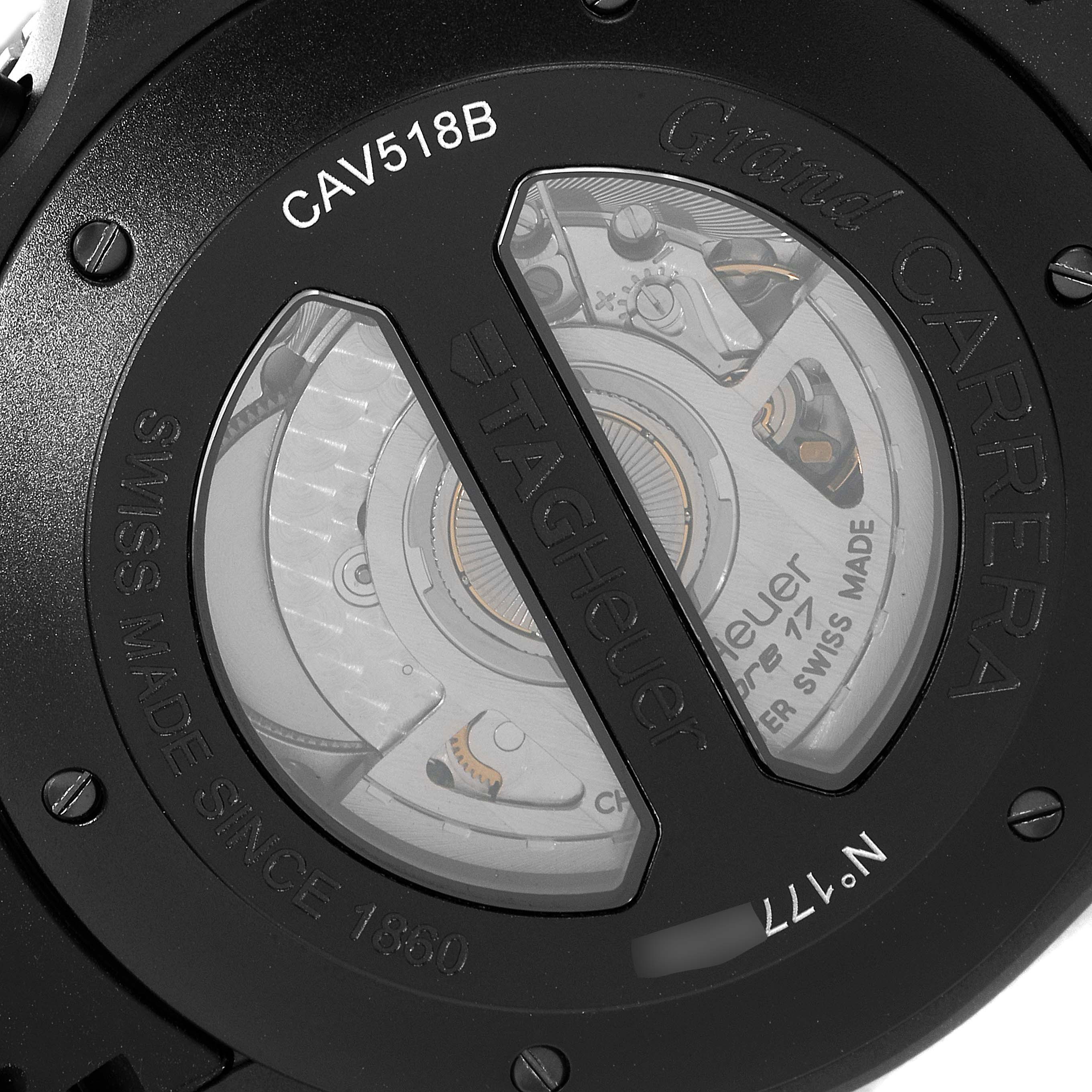 The image shows the back case of a Tag Heuer Carrera CAV518B.FT6016 Men
s Titanium Black Dial CAV518B.FT6016 Men
s Titanium Black Dial watch, revealing its inner mechanical movement.