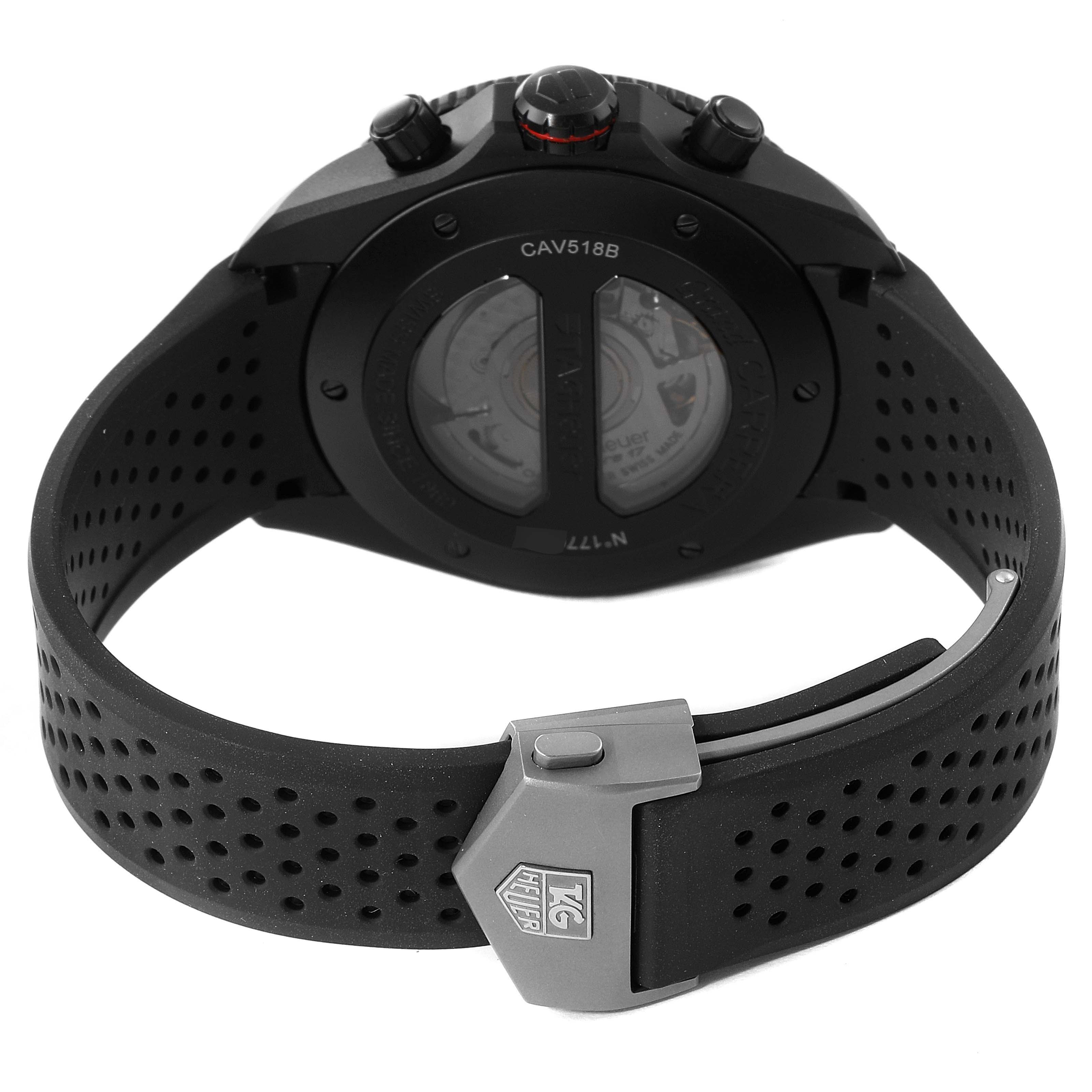 The image shows the back view of a Tag Heuer Carrera CAV518B.FT6016 Men
s Titanium Black Dial CAV518B.FT6016 Men
s Titanium Black Dial watch, featuring the strap and buckle.