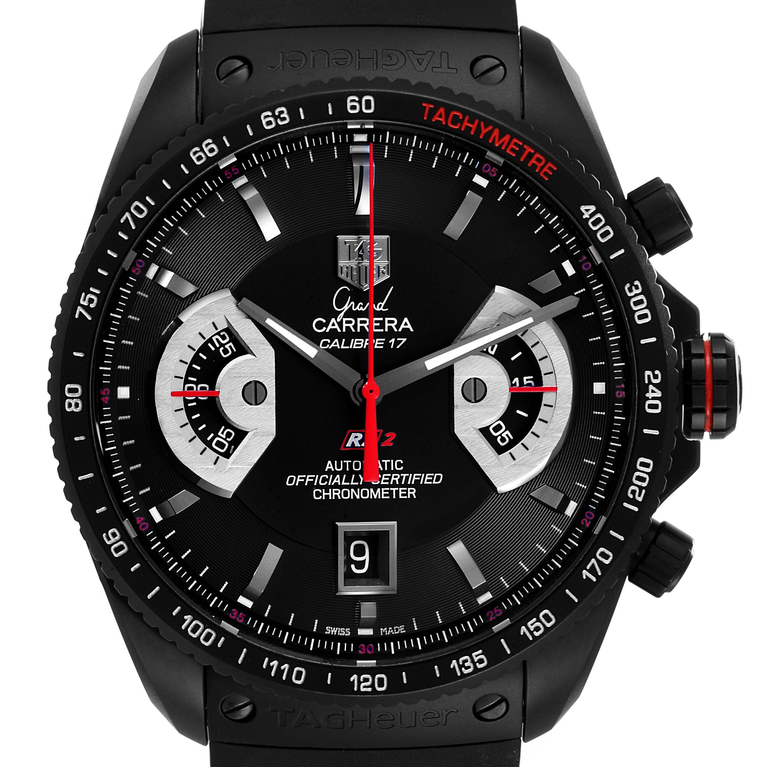 The Tag Heuer Carrera CAV518B.FT6016 Men
s Titanium Black Dial CAV518B.FT6016 Men
s Titanium Black Dial watch is shown in a front view, highlighting the dial, hands, tachymeter, and subdials.