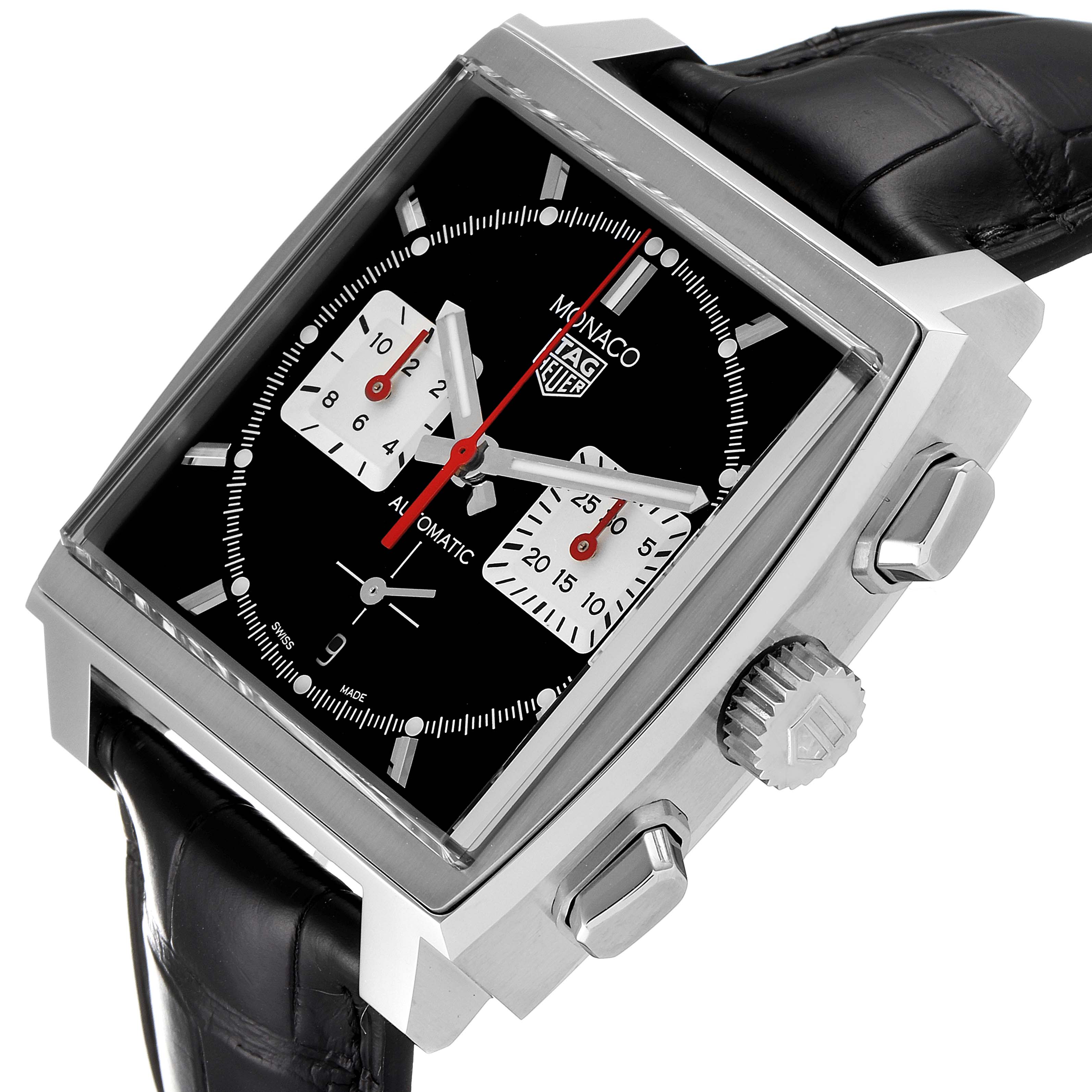 The Tag Heuer Monaco CBL2113 Men's Stainless Steel Black Dial CBL2113 Men's Stainless Steel Black Dial watch is shown at an angle highlighting its square dial, side buttons, crown, and black leather strap.