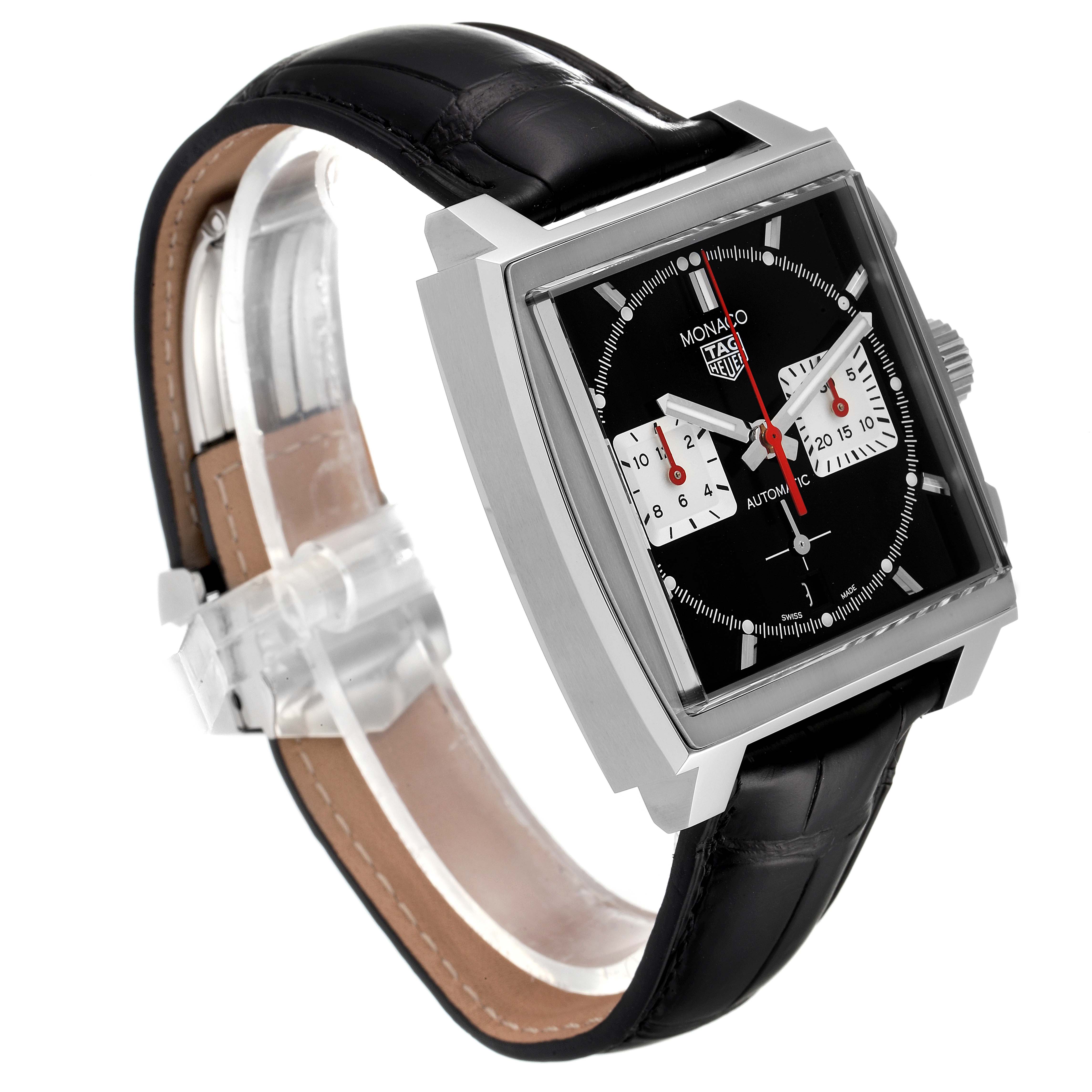 The image shows a side angle of the Tag Heuer Monaco CBL2113 Men's Stainless Steel Black Dial CBL2113 Men's Stainless Steel Black Dial watch, highlighting its black dial, square case, and black leather strap.