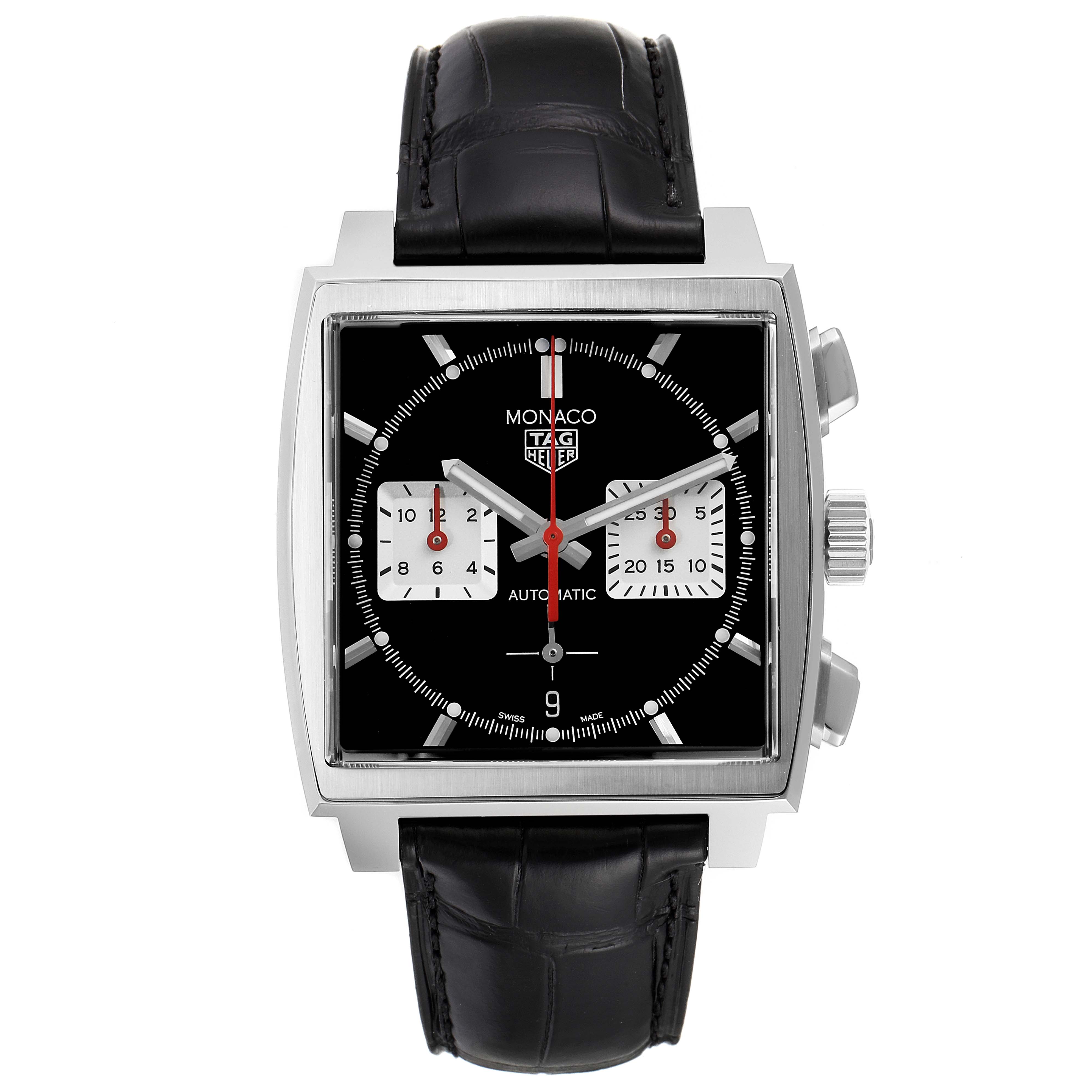 This Tag Heuer Monaco CBL2113 Men's Stainless Steel Black Dial CBL2113 Men's Stainless Steel Black Dial watch is shown from the front, highlighting its square face, black dial, and leather strap.
