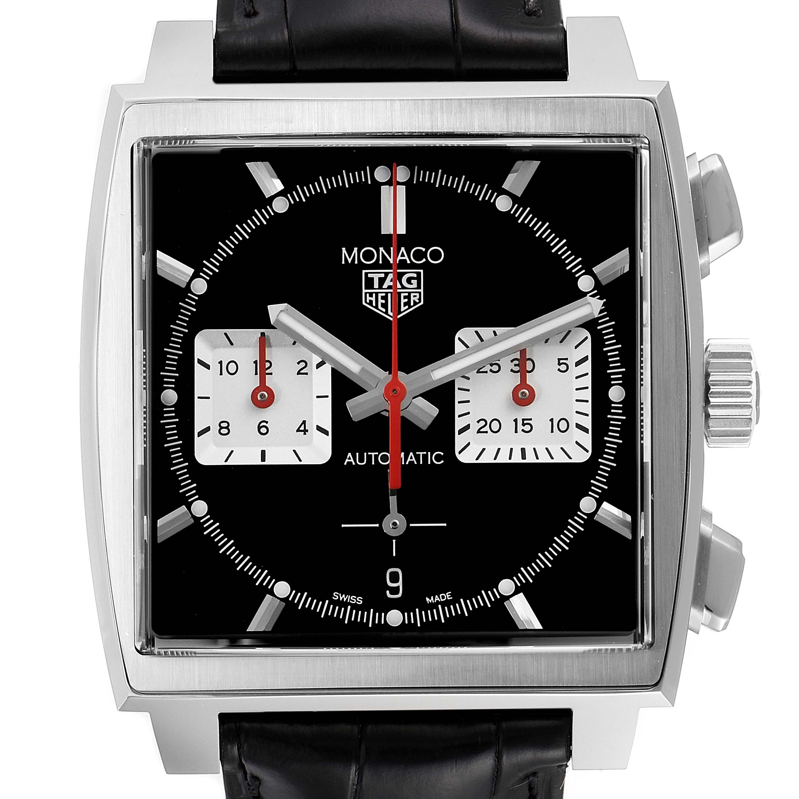 The image shows a front view of a Tag Heuer Monaco CBL2113 Men's Stainless Steel Black Dial CBL2113 Men's Stainless Steel Black Dial watch, highlighting the square dial, subdials, hands, and crown.