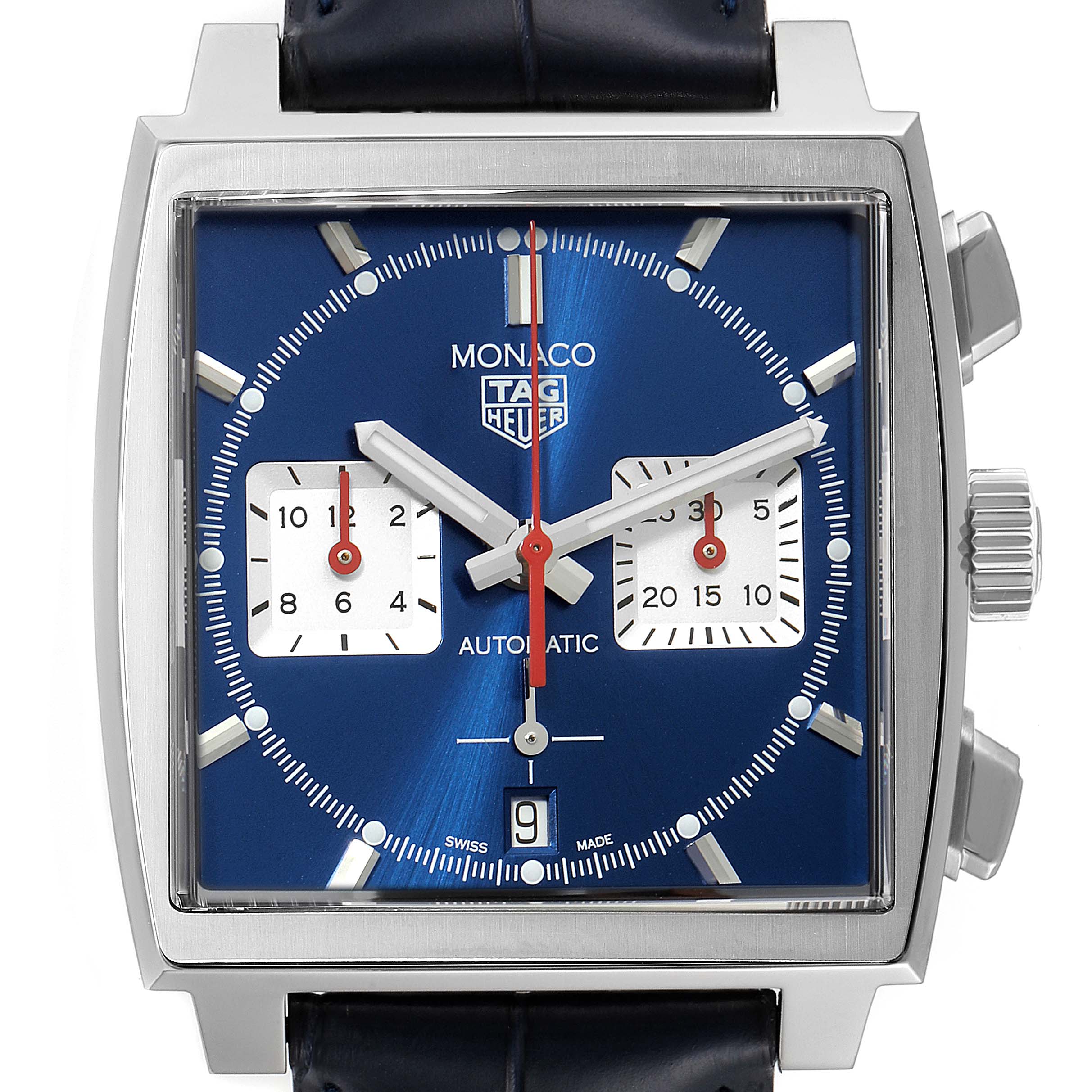 The image shows a front view of a Tag Heuer Monaco CBL2111.FC6453 Men's Stainless Steel Blue Dial CBL2111.FC6453 Men's Stainless Steel Blue Dial watch, displaying its square face, blue dial, subdials, and stainless steel case.