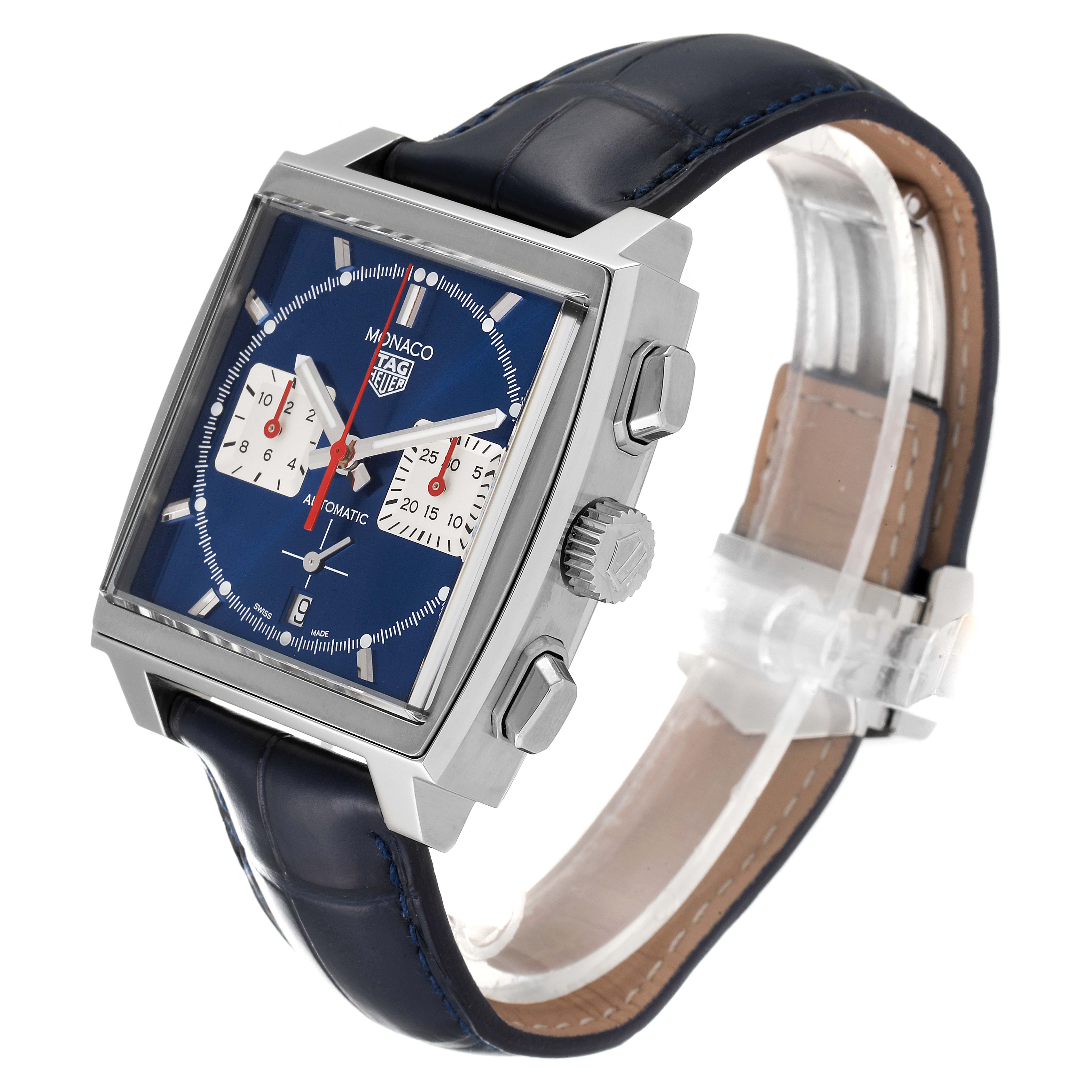 The Tag Heuer Monaco CBL2111.FC6453 Men's Stainless Steel Blue Dial CBL2111.FC6453 Men's Stainless Steel Blue Dial watch is shown at a 45-degree angle, highlighting the blue dial, crown, pushers, and leather strap.