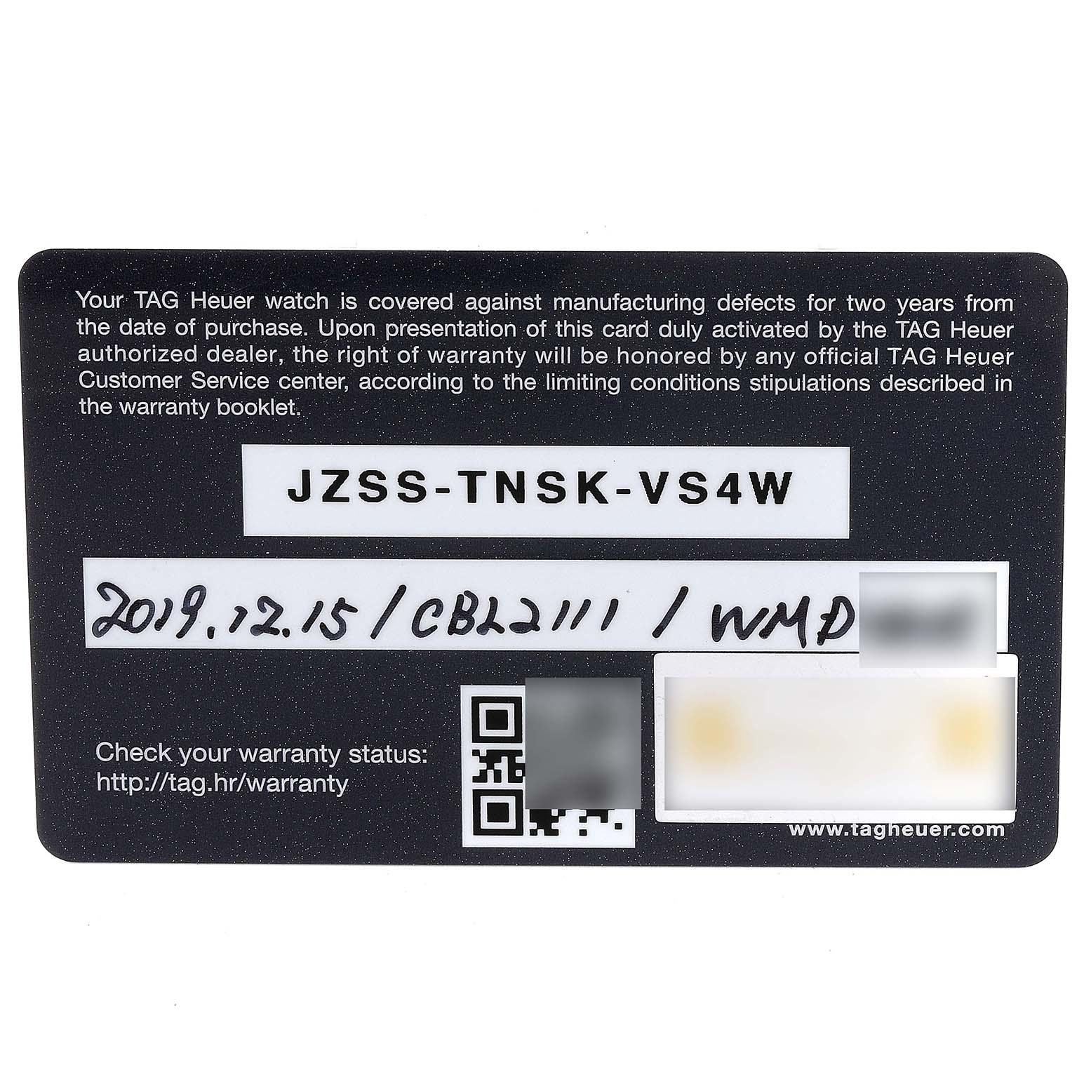 The image shows a warranty card for a Tag Heuer Monaco CBL2111.FC6453 Men's Stainless Steel Blue Dial CBL2111.FC6453 Men's Stainless Steel Blue Dial model watch with a serial number and purchase date.