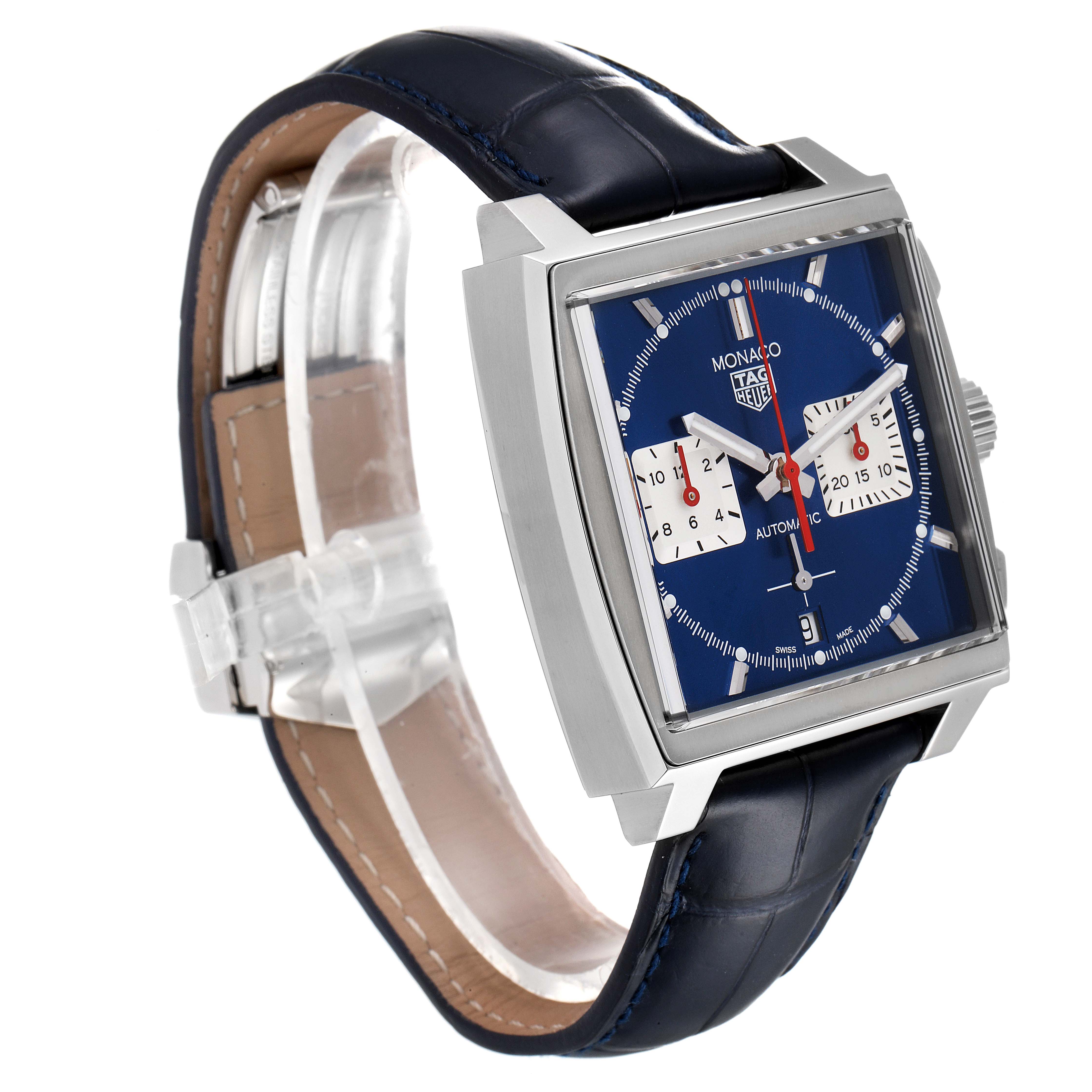 The Tag Heuer Monaco CBL2111.FC6453 Men's Stainless Steel Blue Dial CBL2111.FC6453 Men's Stainless Steel Blue Dial watch is shown at a three-quarter angle, displaying its blue dial, square case, and leather strap.