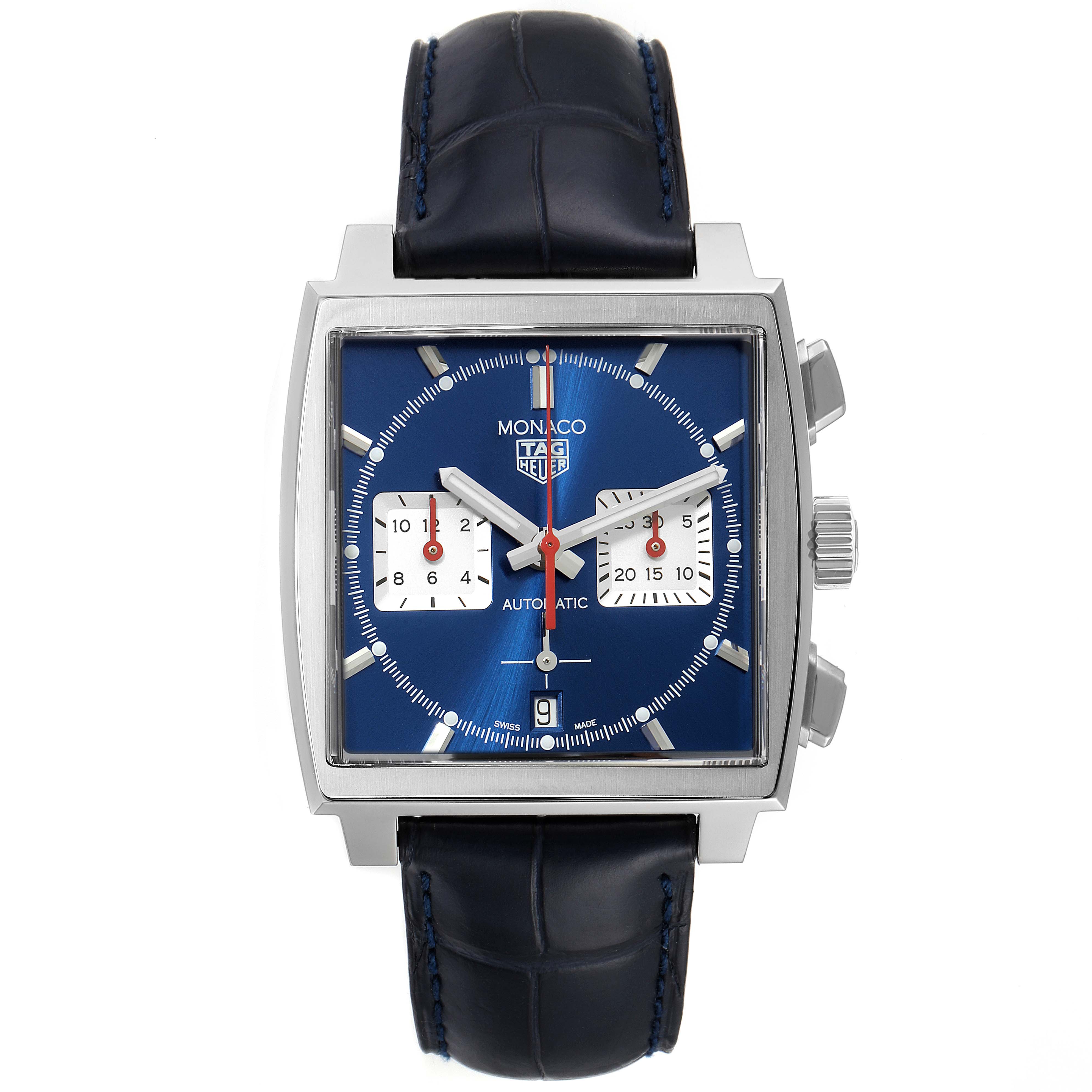 The Tag Heuer Monaco CBL2111.FC6453 Men's Stainless Steel Blue Dial CBL2111.FC6453 Men's Stainless Steel Blue Dial watch is shown from the front, displaying the blue dial, two subdials, date window, and leather strap.