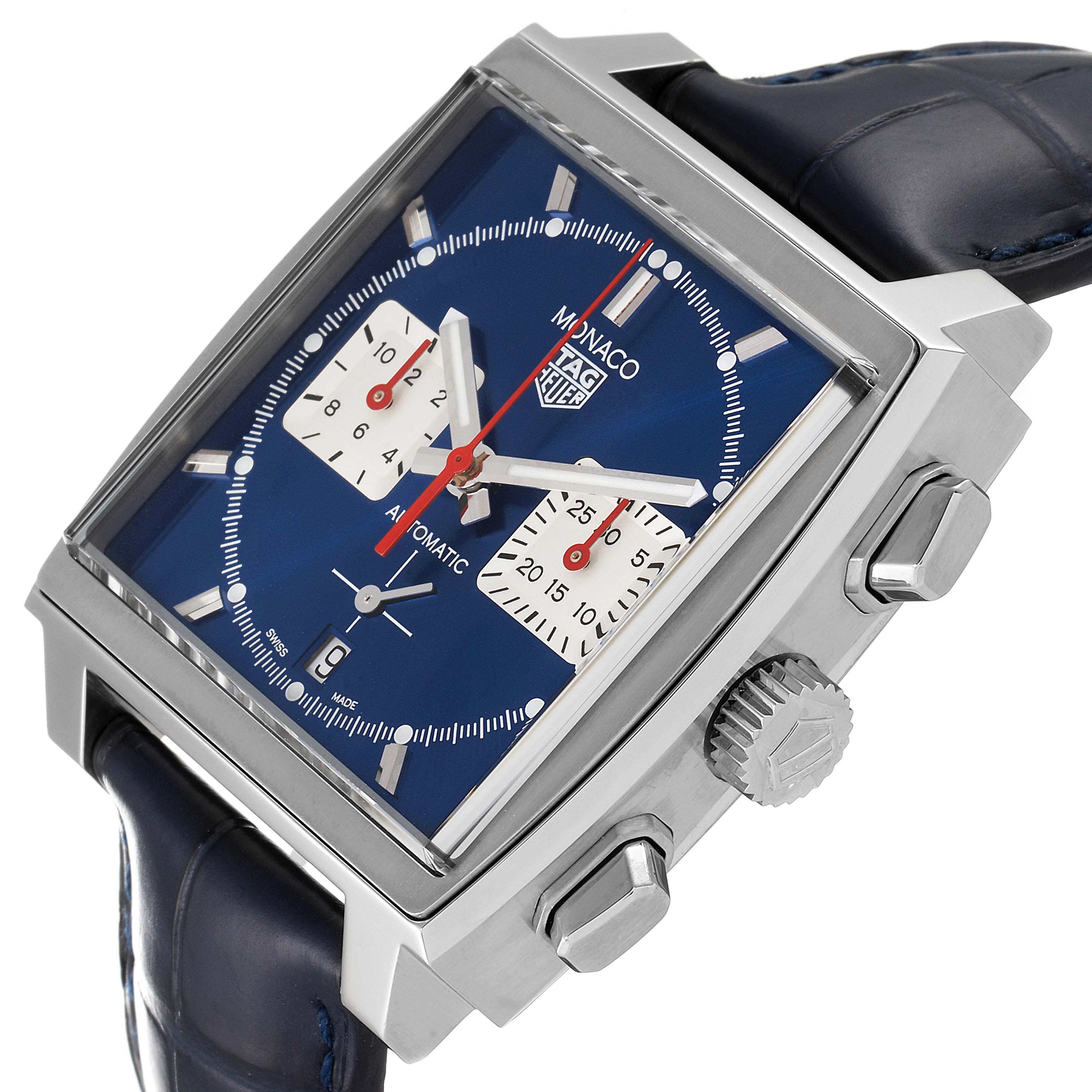 The image shows a Tag Heuer Monaco CBL2111.FC6453 Men's Stainless Steel Blue Dial CBL2111.FC6453 Men's Stainless Steel Blue Dial watch at a slight angle, highlighting its face, crown, pushers, and leather strap.