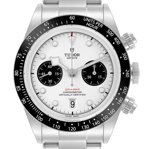 The Tudor Heritage Black Bay watch is shown from the front, highlighting the dial, bezel, and part of the bracelet.