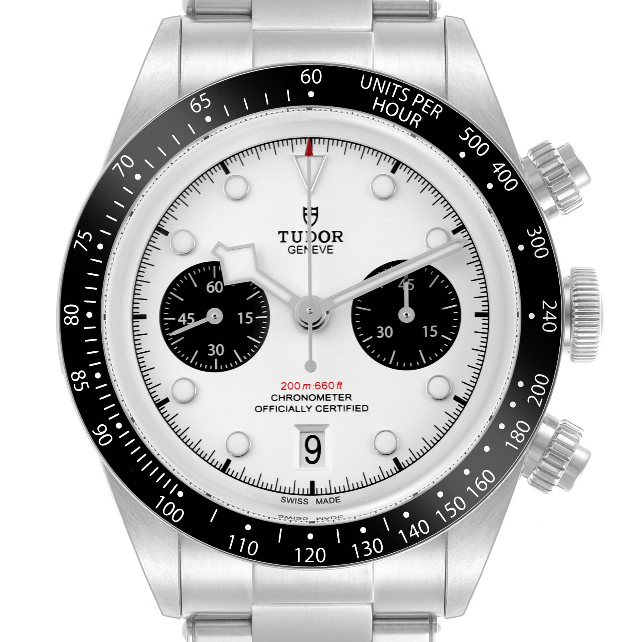 This Tudor Heritage Black Bay 79360 Men's Stainless Steel White Dial 79360 Men's Stainless Steel White Dial watch is shown from the front, highlighting the dial, bezel, chronograph sub-dials, and crown.