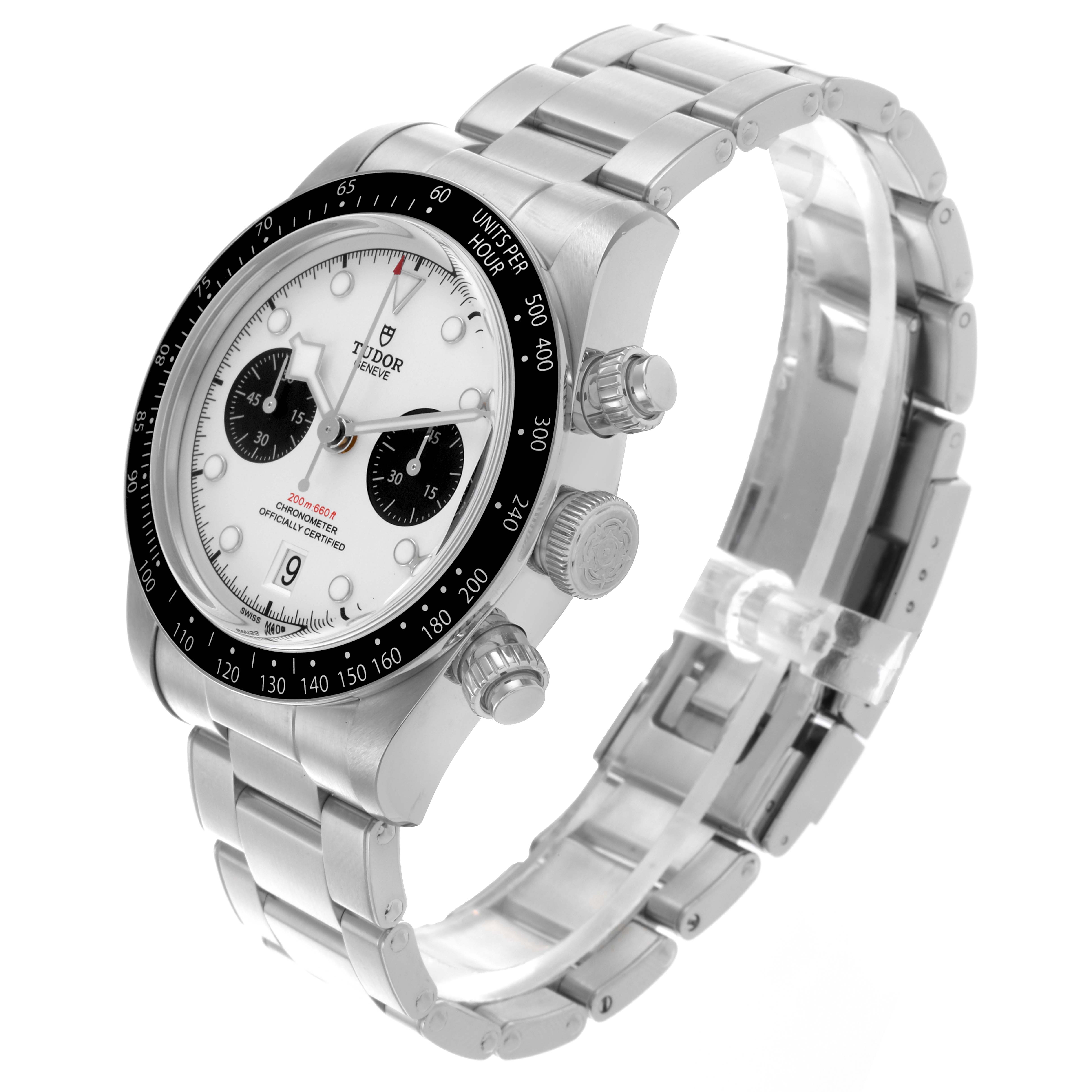 The Tudor Heritage Black Bay 79360 Men's Stainless Steel White Dial 79360 Men's Stainless Steel White Dial watch is shown at a three-quarter angle, highlighting the face, bezel, crown, and bracelet.