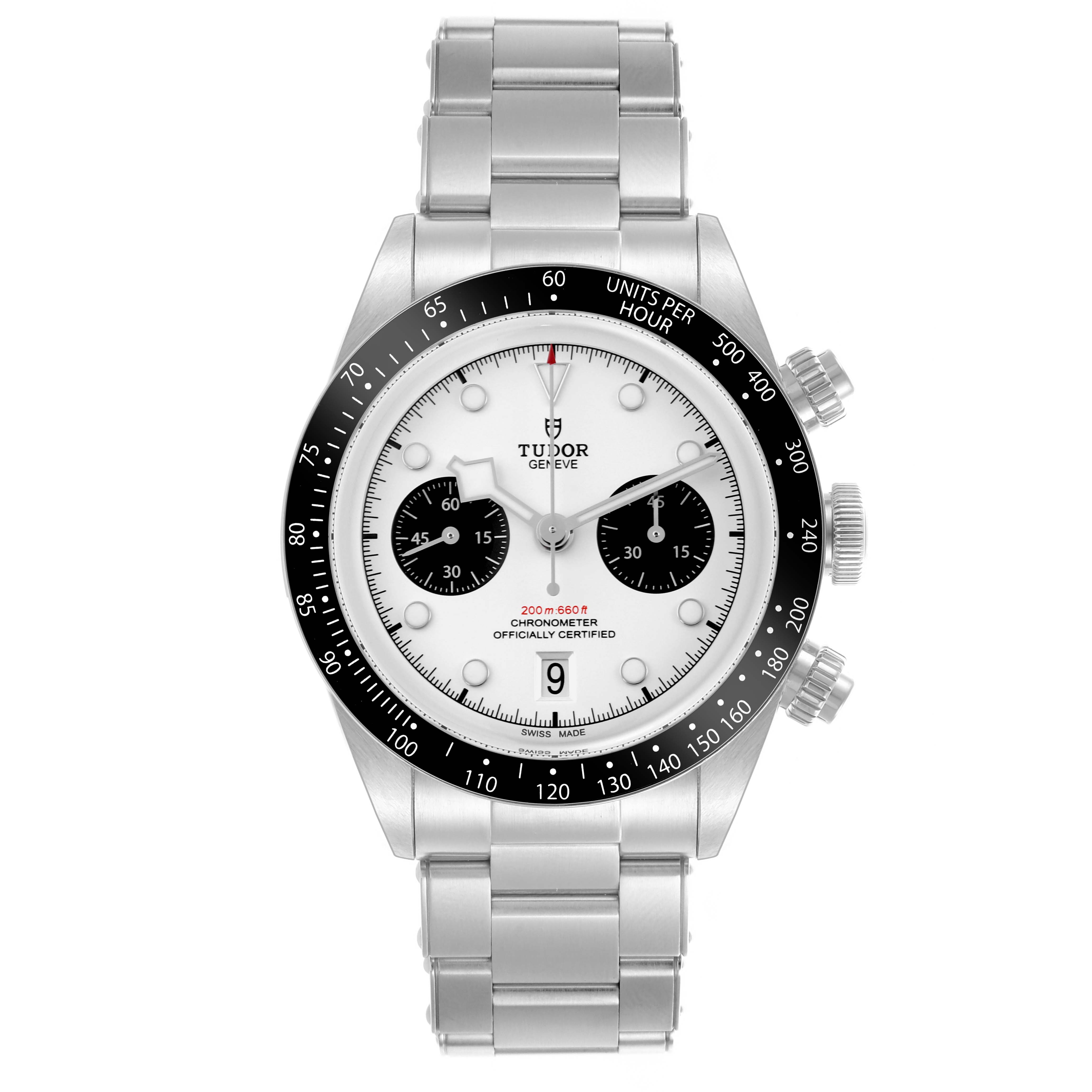 The Tudor Heritage Black Bay 79360 Men's Stainless Steel White Dial 79360 Men's Stainless Steel White Dial watch is shown from the front, displaying the dial, bezel, crown, and stainless steel bracelet.