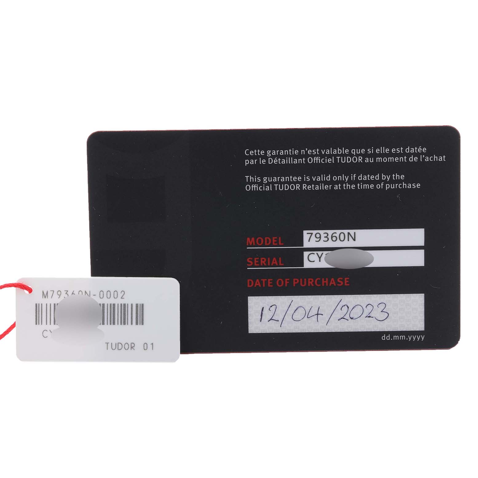 The image shows a warranty card and tag for the Tudor Heritage Black Bay 79360 Men's Stainless Steel White Dial 79360 Men's Stainless Steel White Dial model 79360N.