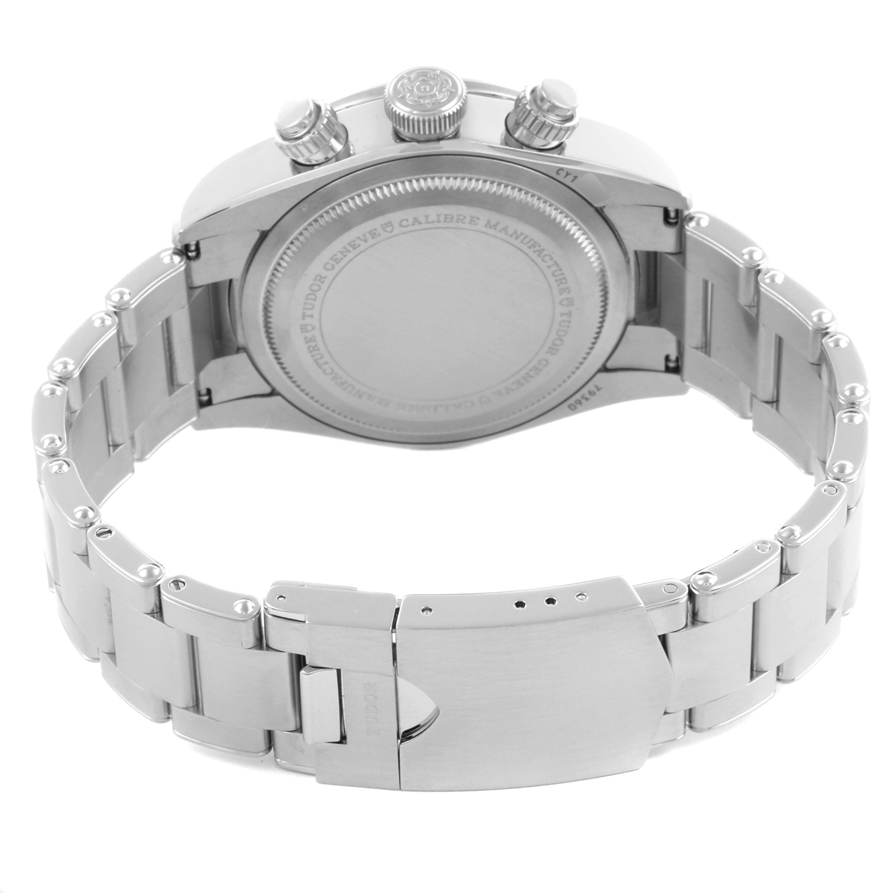 The image shows the back case and bracelet of a Tudor Heritage Black Bay 79360 Men's Stainless Steel White Dial 79360 Men's Stainless Steel White Dial watch from a rear angle.