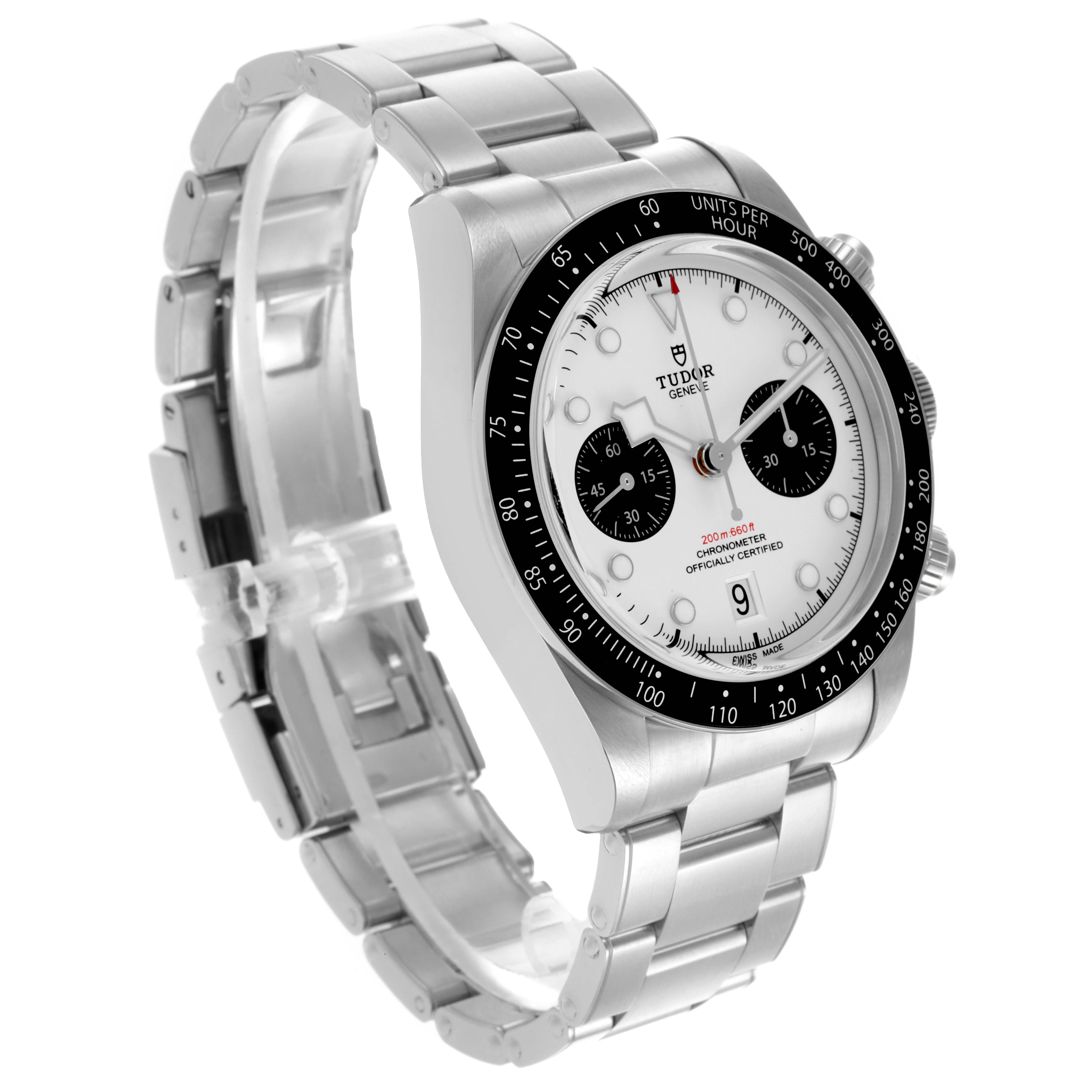 The Tudor Heritage Black Bay 79360 Men's Stainless Steel White Dial 79360 Men's Stainless Steel White Dial watch is shown at an angle highlighting the face, bezel, and bracelet.