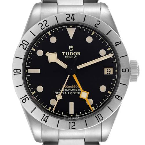The Tudor Heritage Black Bay M79470-0003 Men's Stainless Steel Black Dial watch is shown from the front, displaying its bezel, dial, and crown.