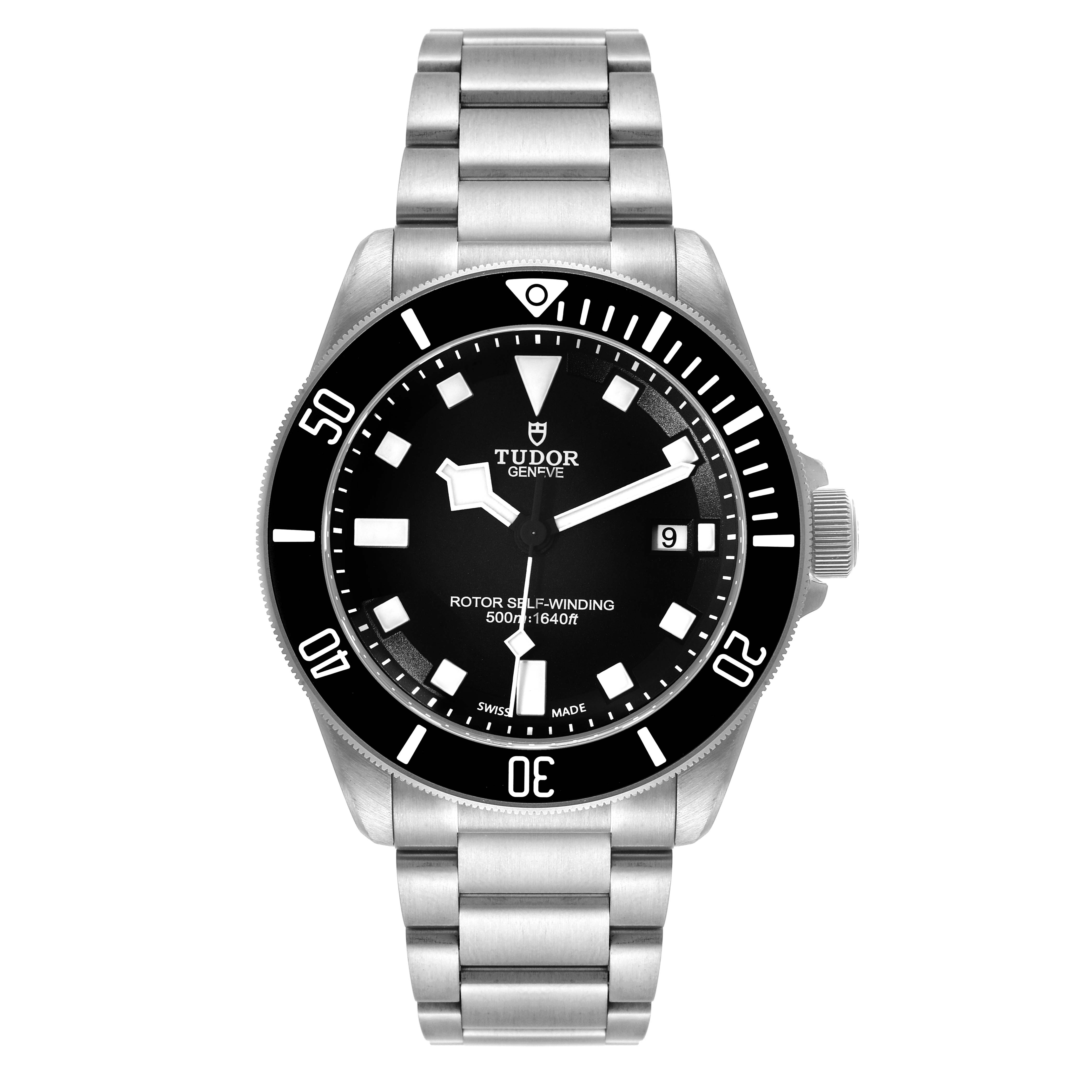 The image shows a front view of a Tudor Pelagos 25500TN Men's Titanium Black Dial 25500TN Men's Titanium Black Dial watch, displaying the face, bezel, crown, and stainless steel bracelet.
