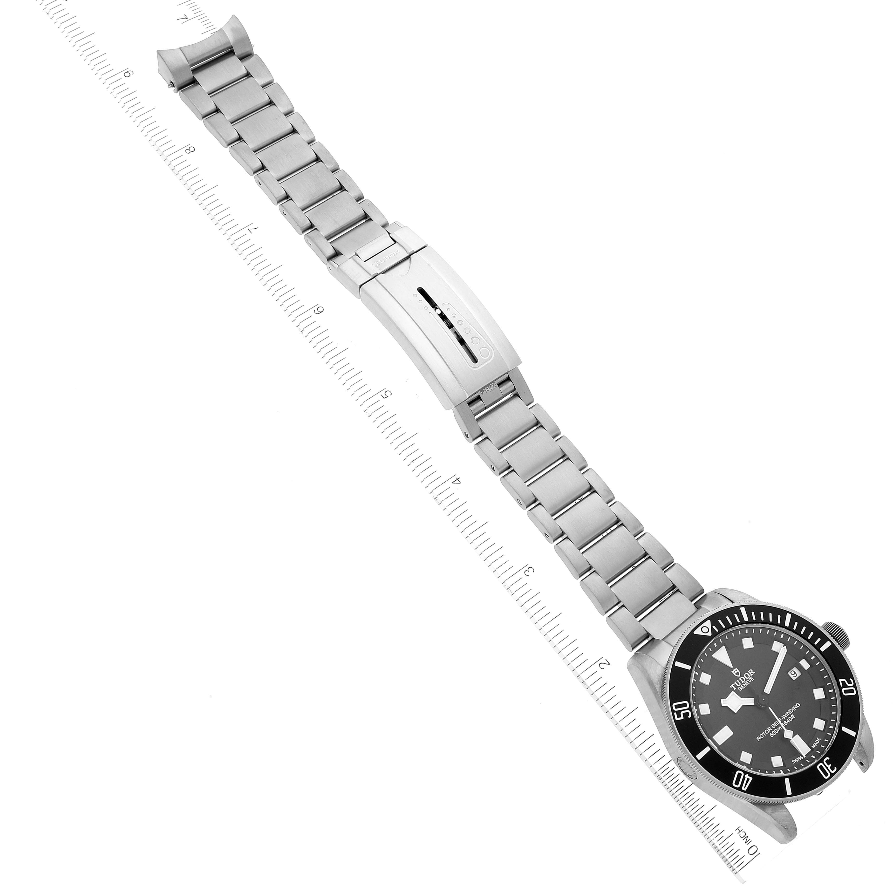 The image shows a Tudor Pelagos 25500TN Men's Titanium Black Dial 25500TN Men's Titanium Black Dial watch laid flat with a clear view of the bezel, dial, and entire metal bracelet.