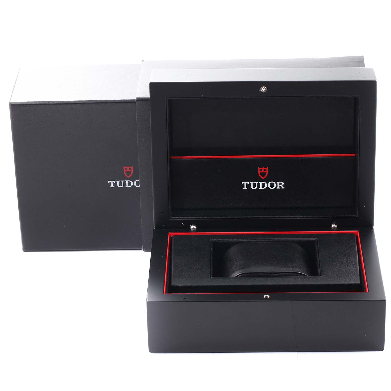 The image shows the open box for a Tudor Pelagos 25500TN Men's Titanium Black Dial 25500TN Men's Titanium Black Dial watch, highlighting its interior cushion and branding.