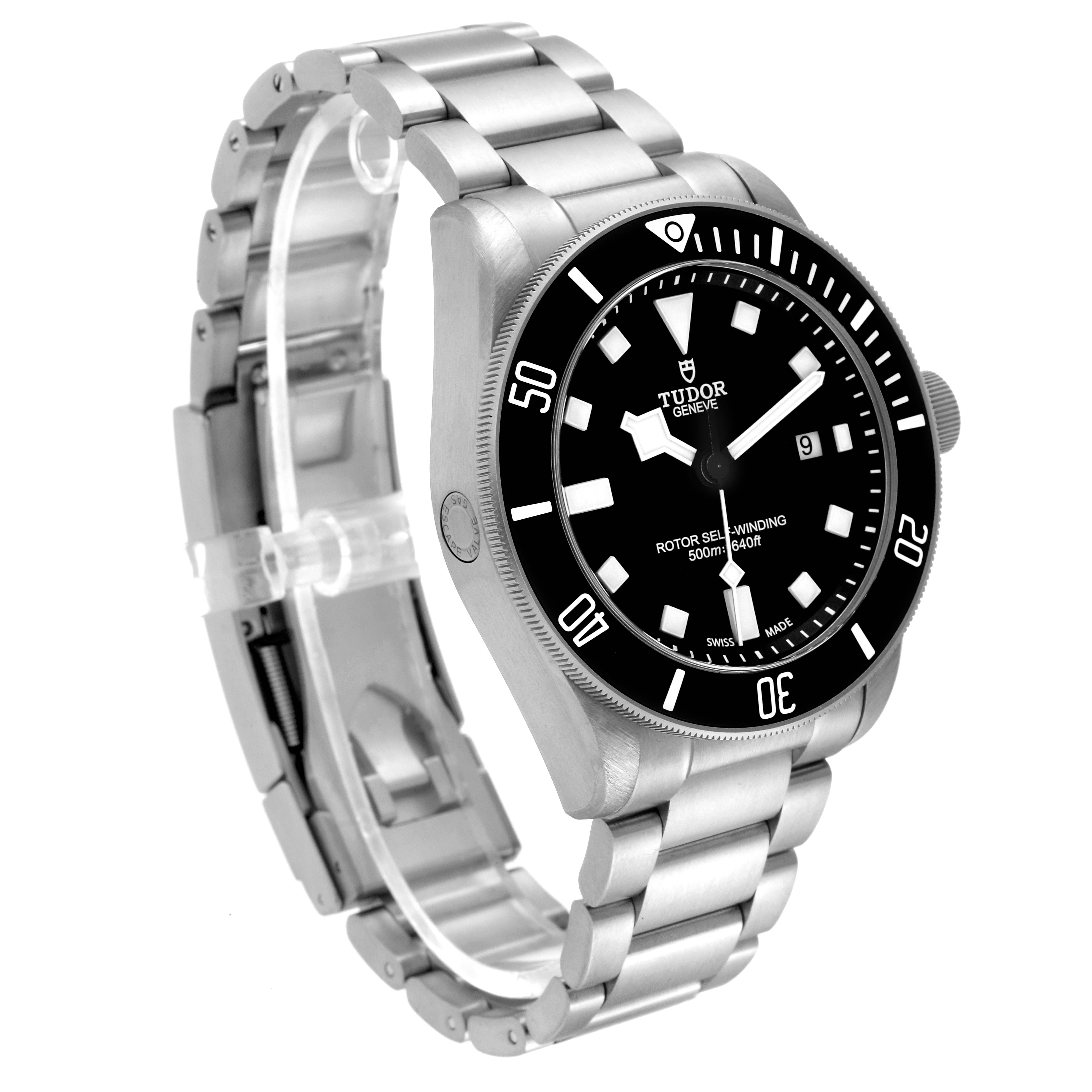 The image shows a Tudor Pelagos 25500TN Men's Titanium Black Dial 25500TN Men's Titanium Black Dial watch from a slight side view, highlighting its face, bezel, crown, and stainless steel bracelet.