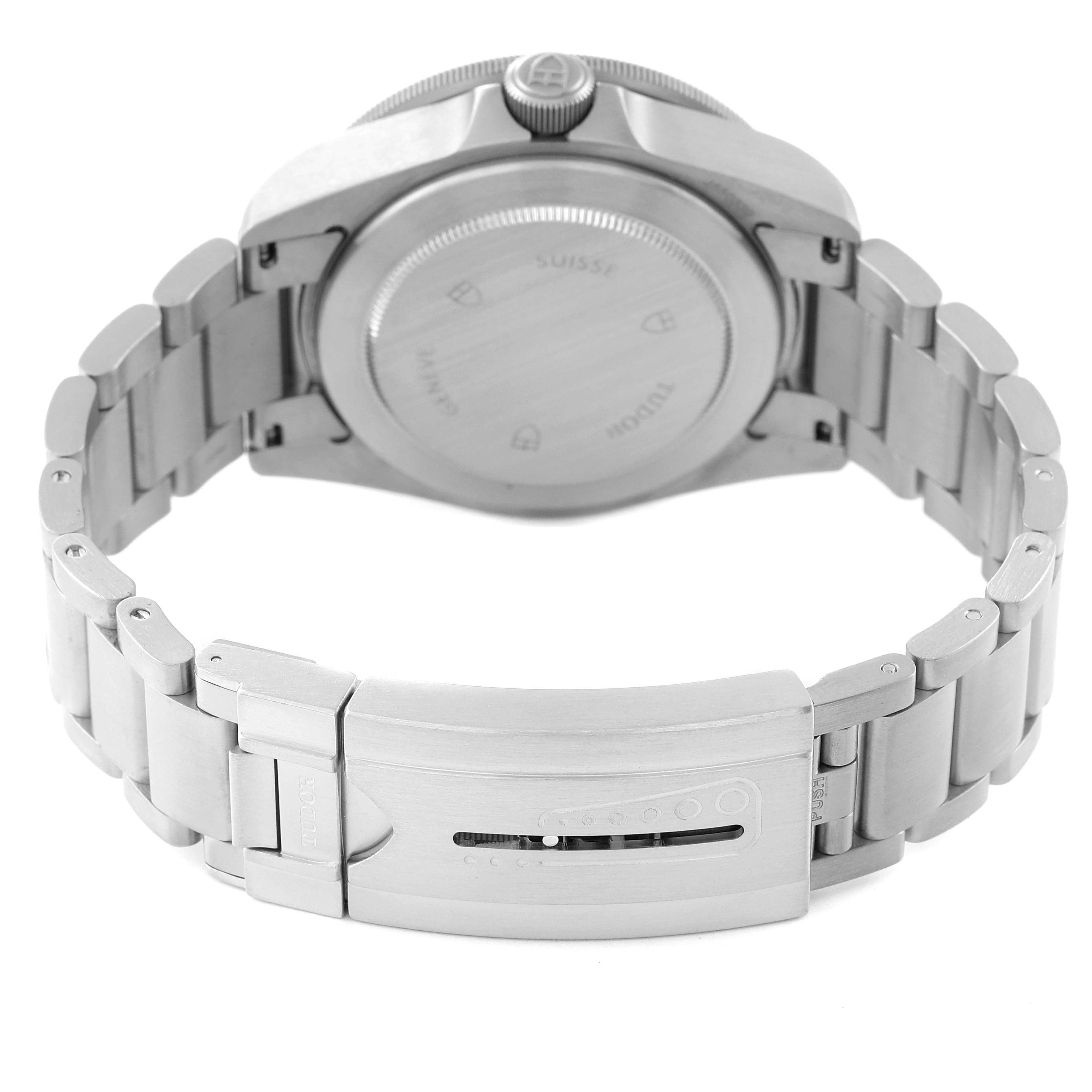 This shows the back view of the Tudor Pelagos 25500TN Men's Titanium Black Dial 25500TN Men's Titanium Black Dial watch, highlighting the case back and adjustable metal bracelet clasp.