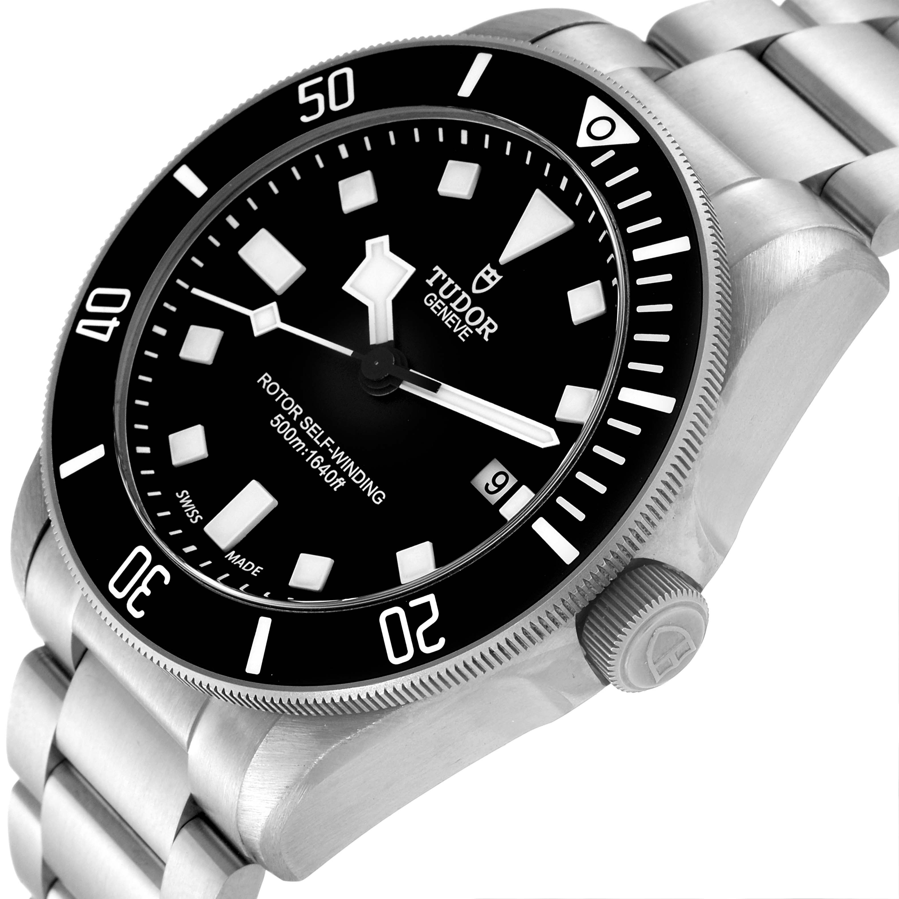 This image shows a close-up of the Tudor Pelagos 25500TN Men's Titanium Black Dial 25500TN Men's Titanium Black Dial watch, highlighting its face, bezel, crown, and part of the bracelet band from a side angle.
