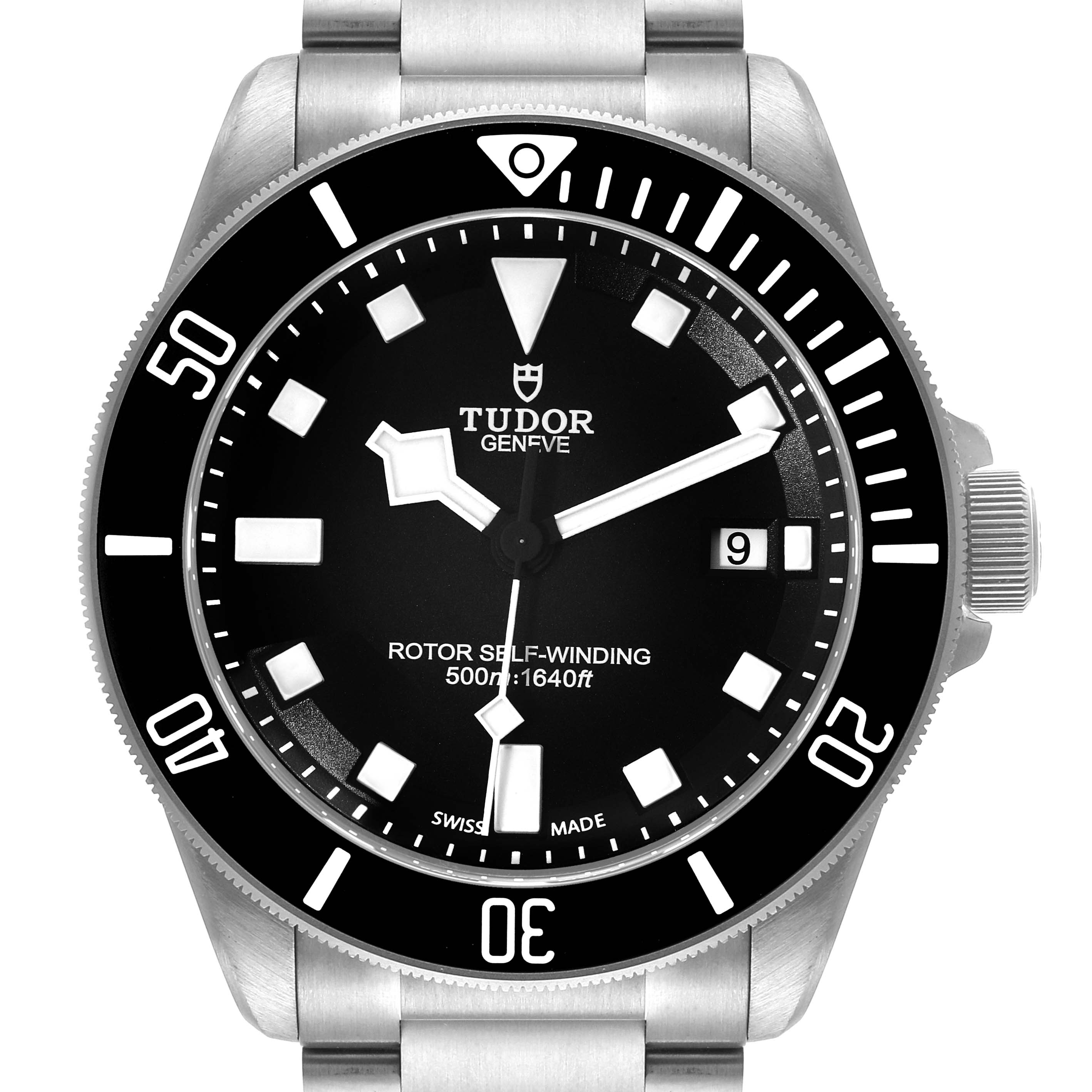The image shows a frontal view of the Tudor Pelagos 25500TN Men's Titanium Black Dial 25500TN Men's Titanium Black Dial watch, displaying its dial, bezel, and part of the bracelet.
