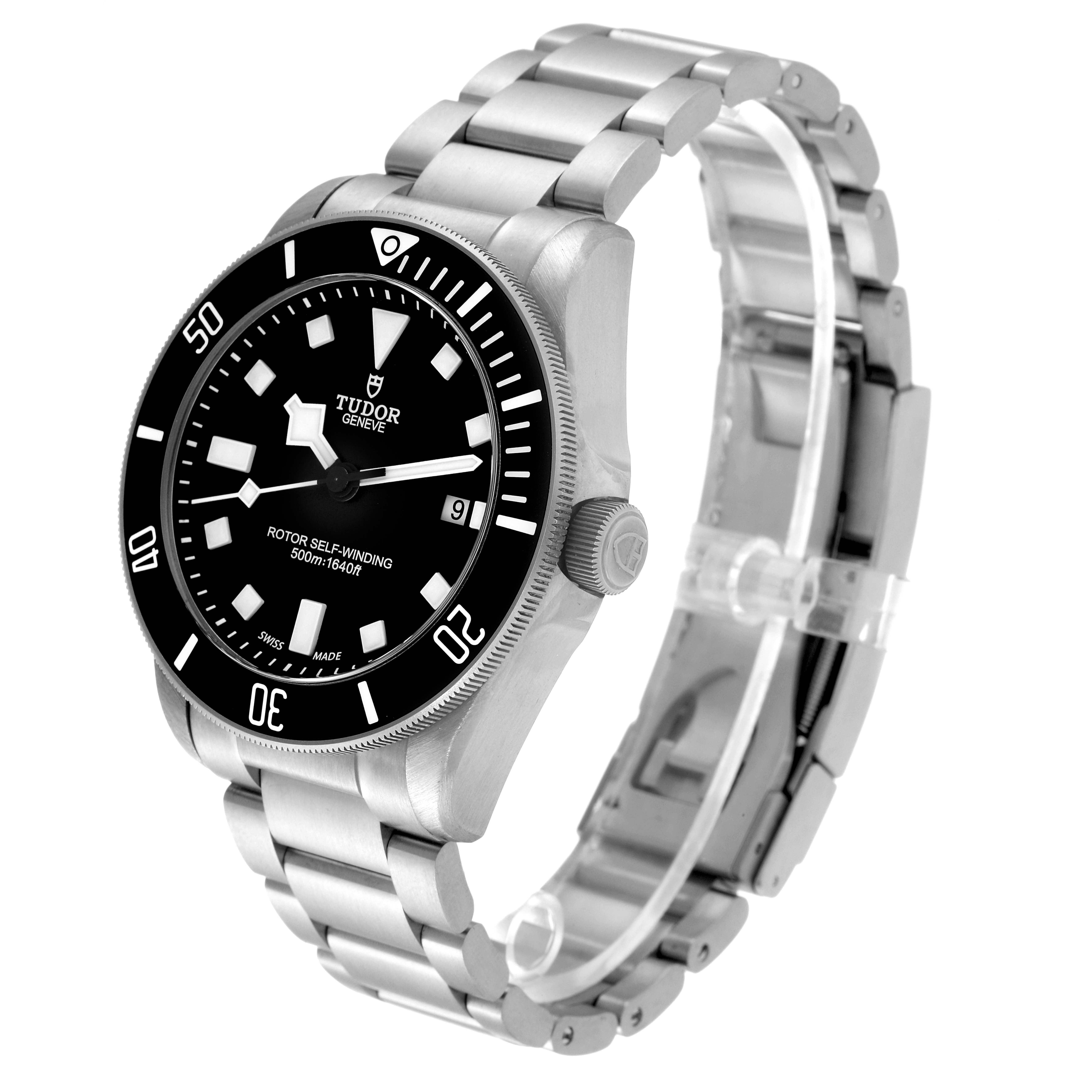 The image shows a Tudor Pelagos 25500TN Men's Titanium Black Dial 25500TN Men's Titanium Black Dial watch at a three-quarter angle, highlighting its dial, bezel, crown, and bracelet.