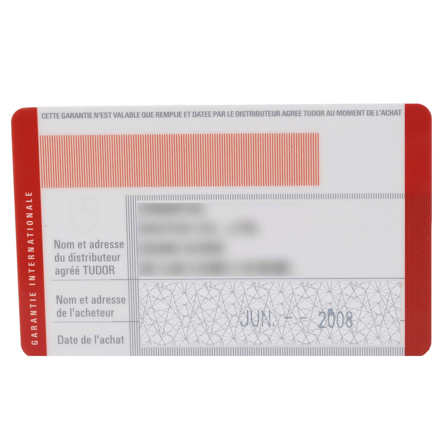 This image shows the warranty card for the Tudor Prince 79260P Men's Stainless Steel Black Dial 79260P Men's Stainless Steel Black Dial model watch, displaying information like purchase date and distributor details.