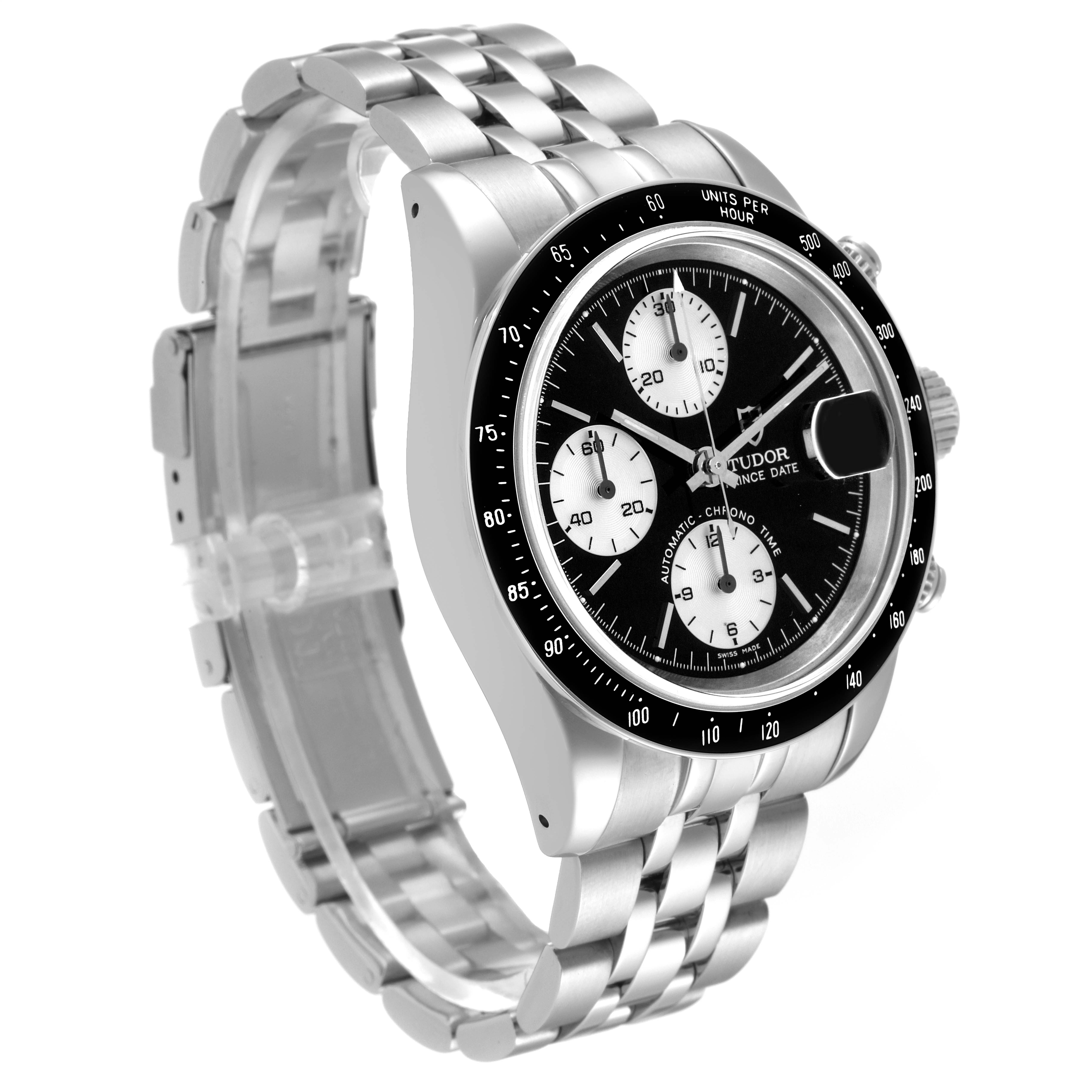 The Tudor Prince 79260P Men's Stainless Steel Black Dial 79260P Men's Stainless Steel Black Dial model watch is shown at a three-quarter angle, displaying its dial, bezel, and stainless steel bracelet.