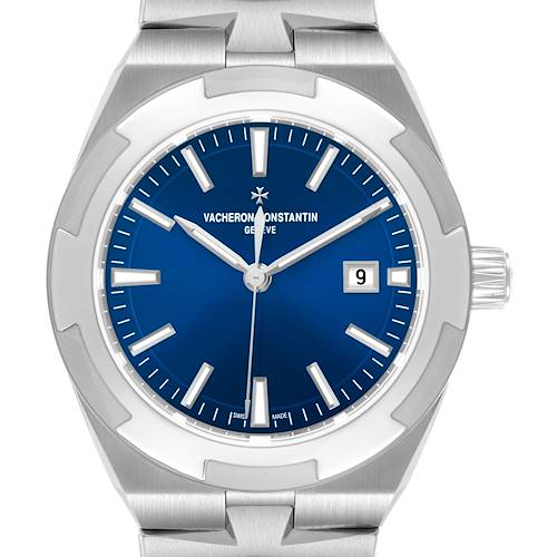 The Vacheron Constantin Overseas 4600V/200A-B980 Men's Stainless Steel Blue Dial watch is shown from a top-down angle, highlighting its blue dial, date window, and stainless steel bezel and bracelet.