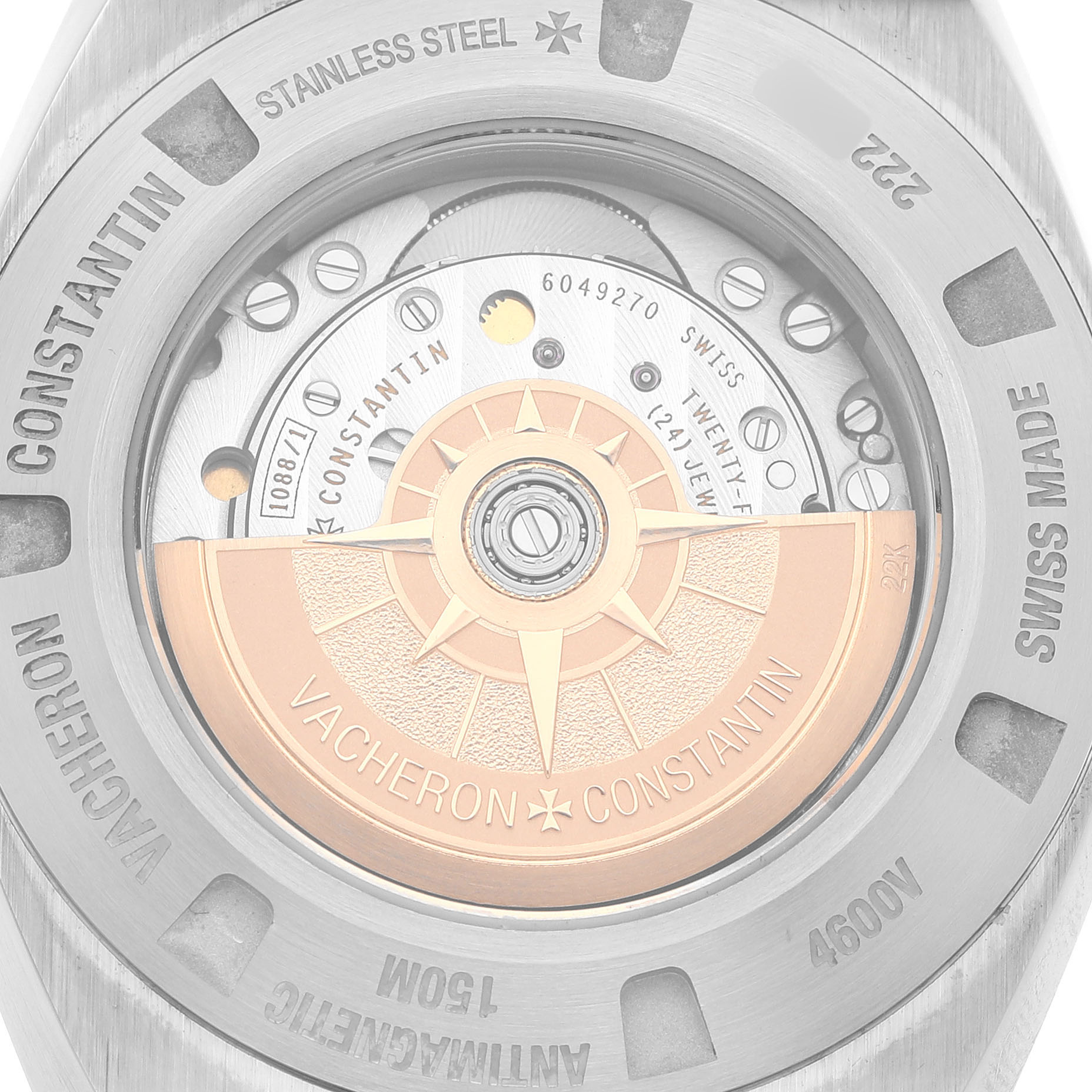 The image shows the back view of the Vacheron Constantin Overseas 4600V/200A-B980 Men's Stainless Steel Blue Dial model, displaying its intricate movement and rotor.