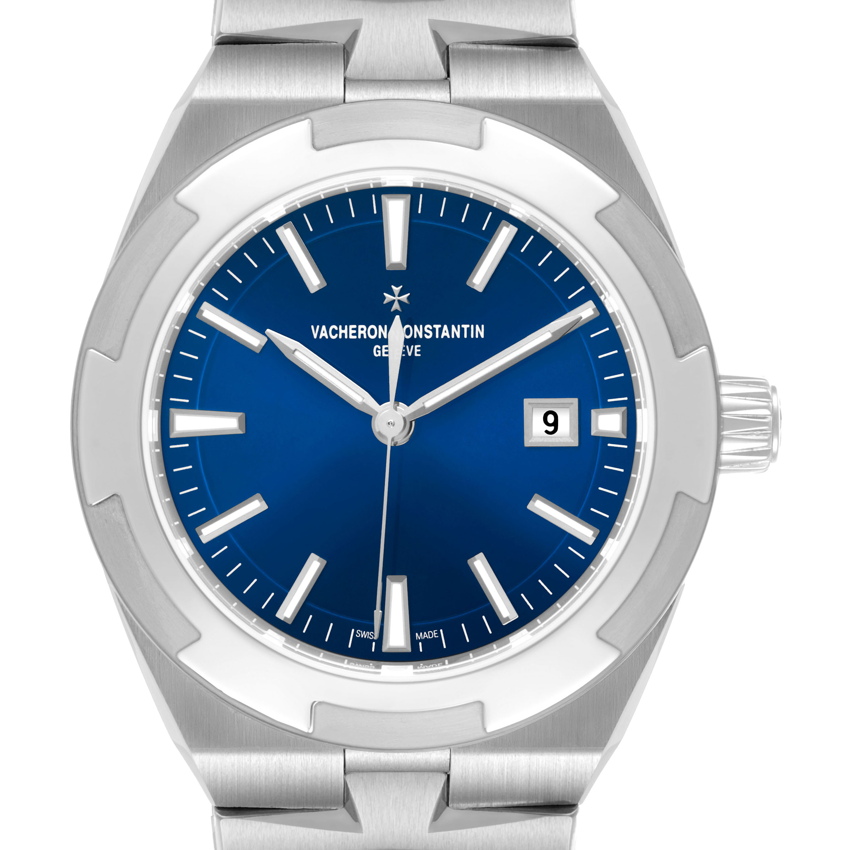 The Vacheron Constantin Overseas 4600V/200A-B980 Men's Stainless Steel Blue Dial watch is shown from a front angle, highlighting its blue dial, hands, and date window.