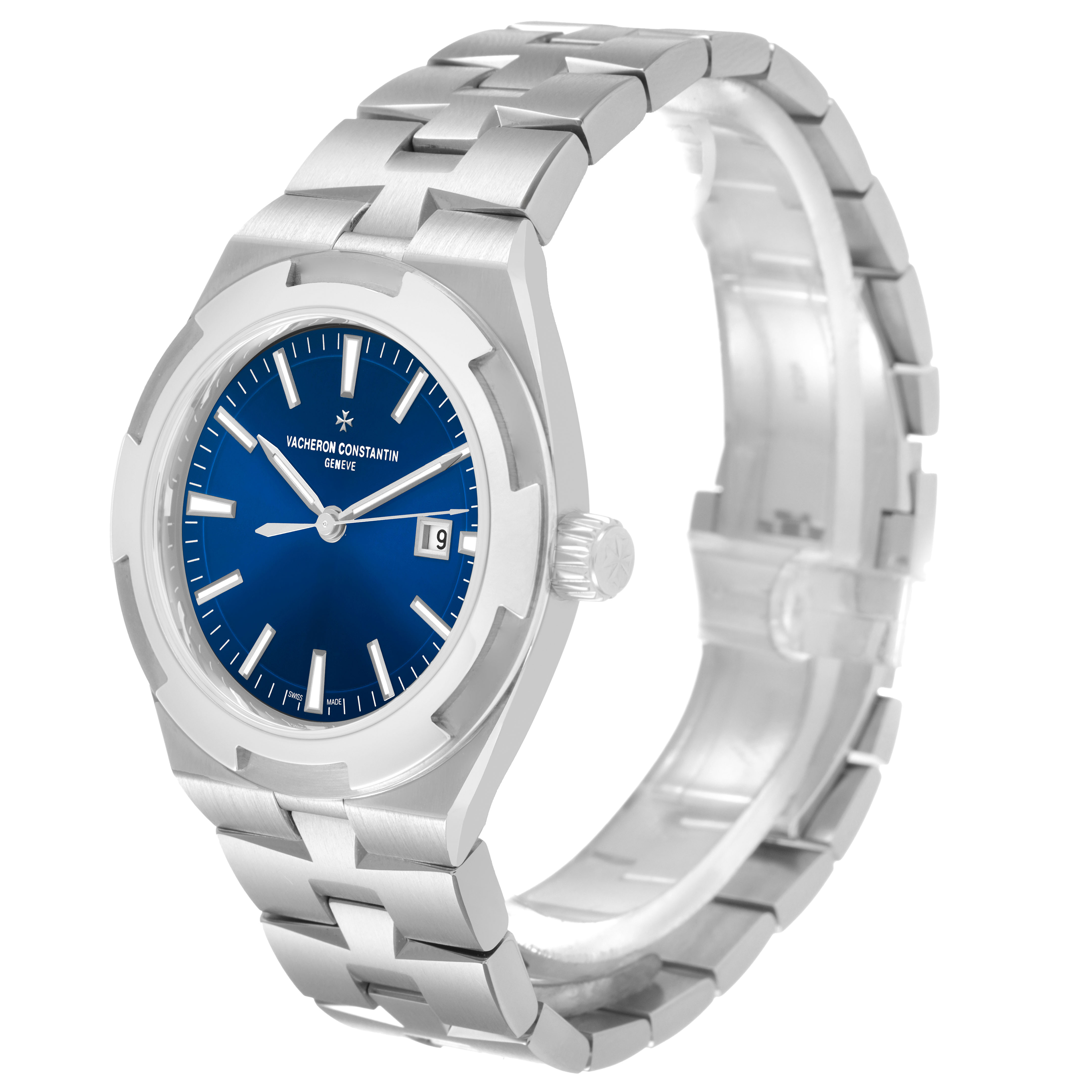 The Vacheron Constantin Overseas 4600V/200A-B980 Men's Stainless Steel Blue Dial watch is shown at a three-quarter angle, highlighting the dial, bracelet, and crown.