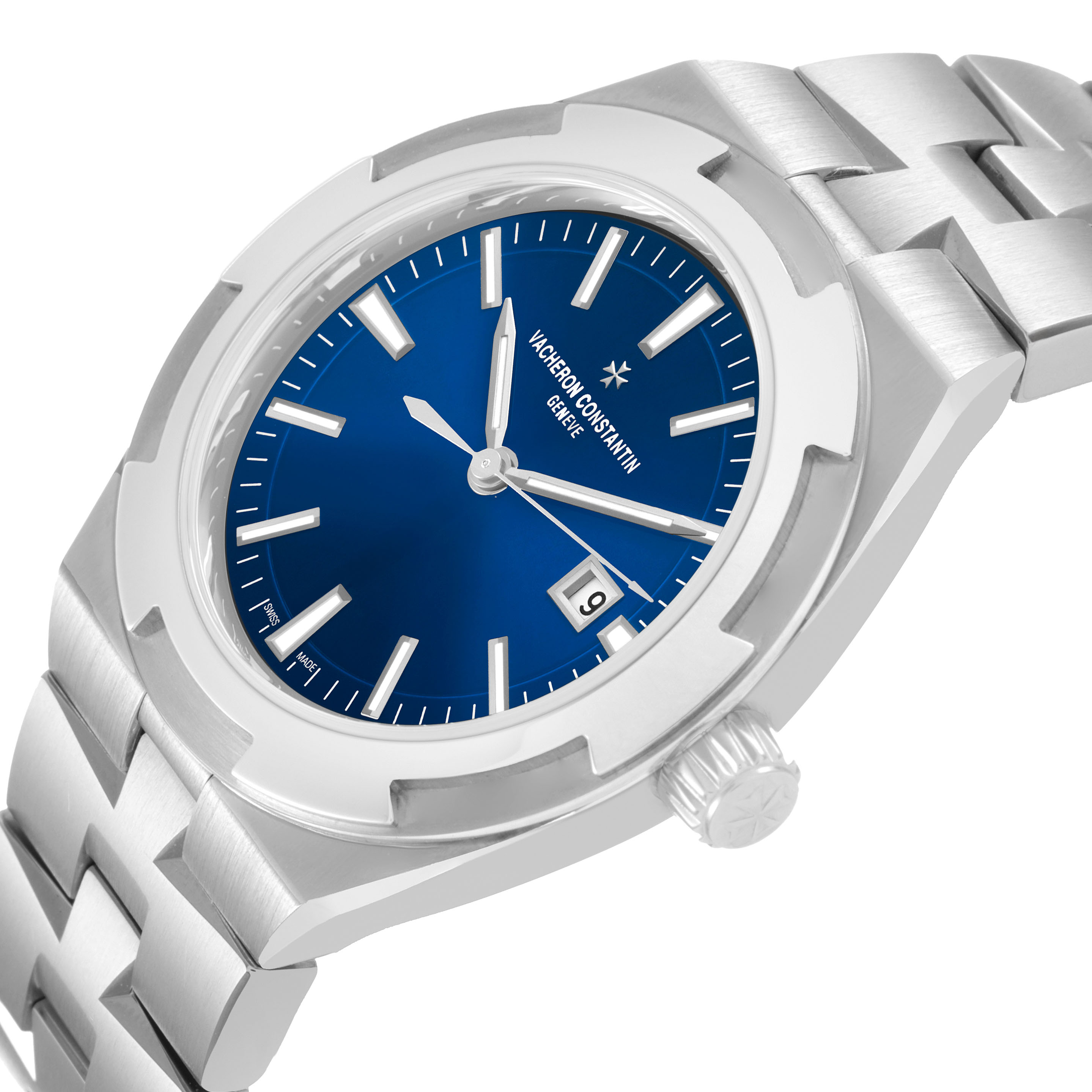 The Vacheron Constantin Overseas 4600V/200A-B980 Men's Stainless Steel Blue Dial watch is shown at an angled close-up, highlighting its blue dial, date window, and metal bracelet.