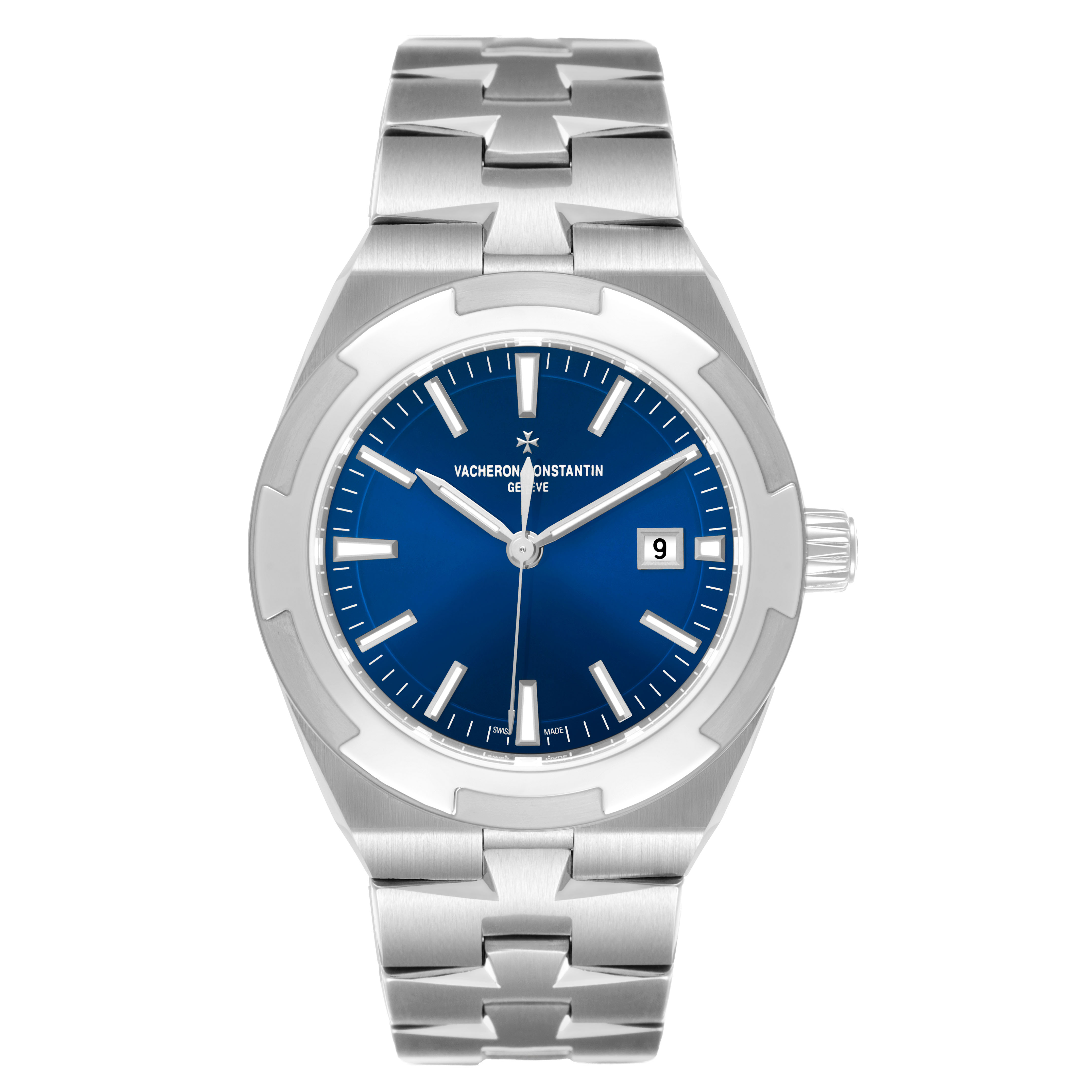 This Vacheron Constantin Overseas 4600V/200A-B980 Men's Stainless Steel Blue Dial model is shown from the front, highlighting the blue dial, date, and metal bracelet.