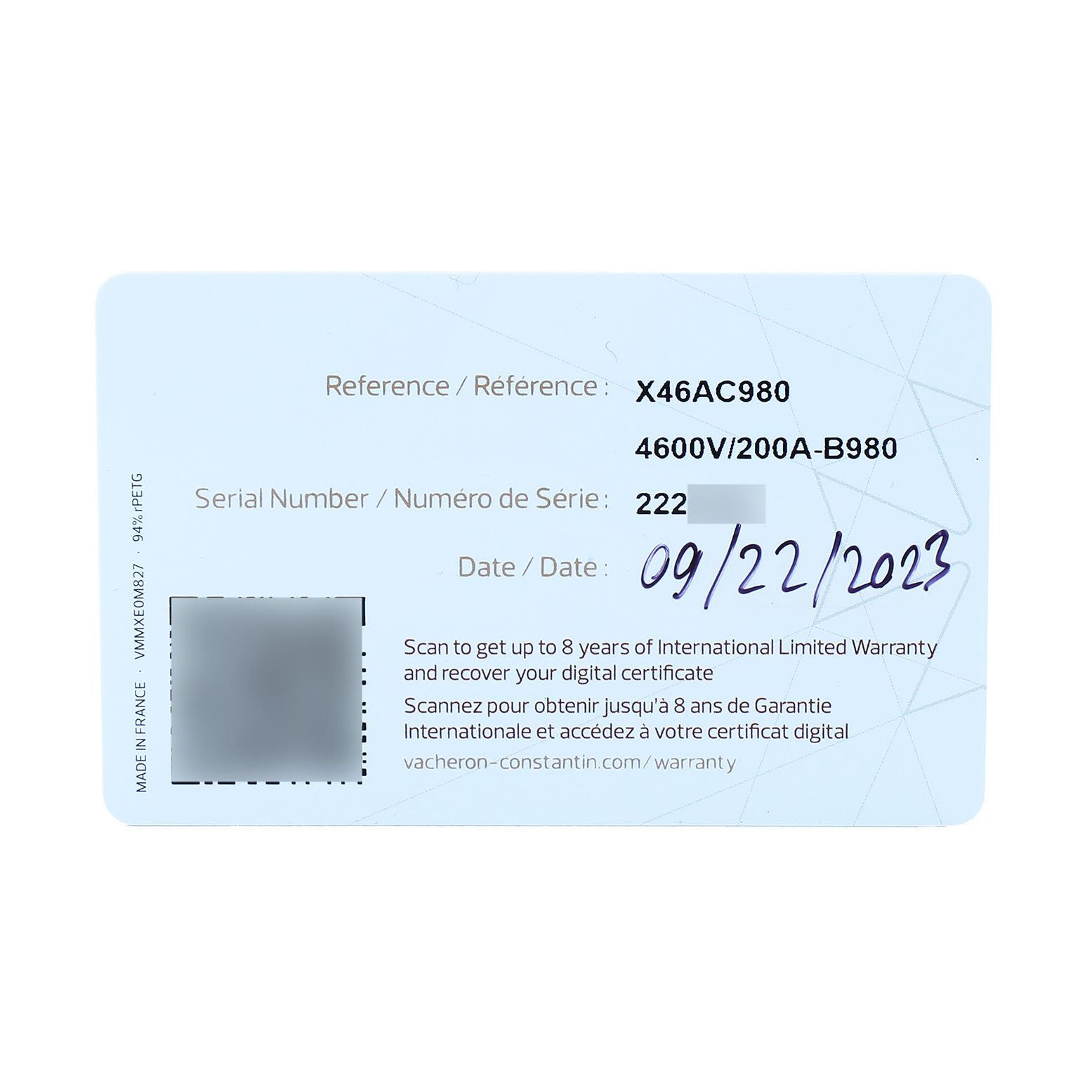 This image shows an identification card for a Vacheron Constantin Overseas 4600V/200A-B980 Men's Stainless Steel Blue Dial watch model.
