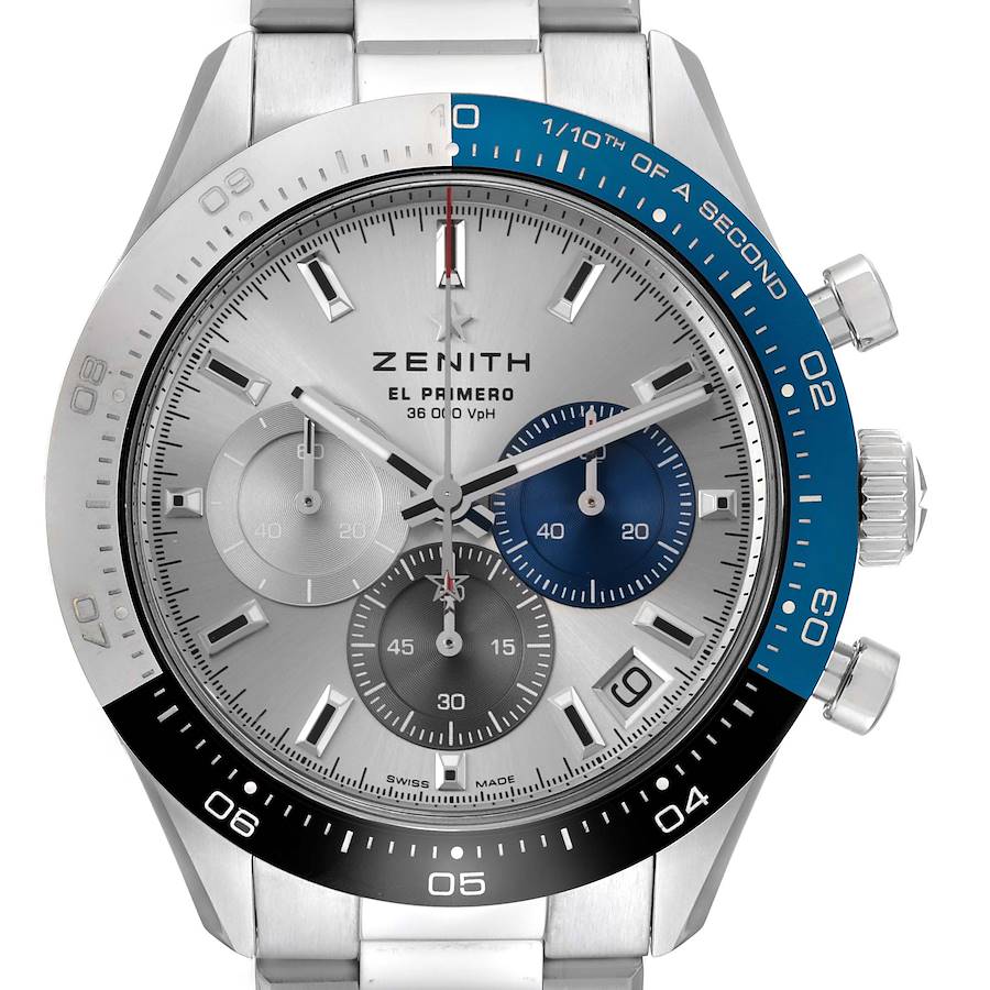 The Zenith Chronomaster watch is shown from the front, highlighting the dial, subdials, and bezel.