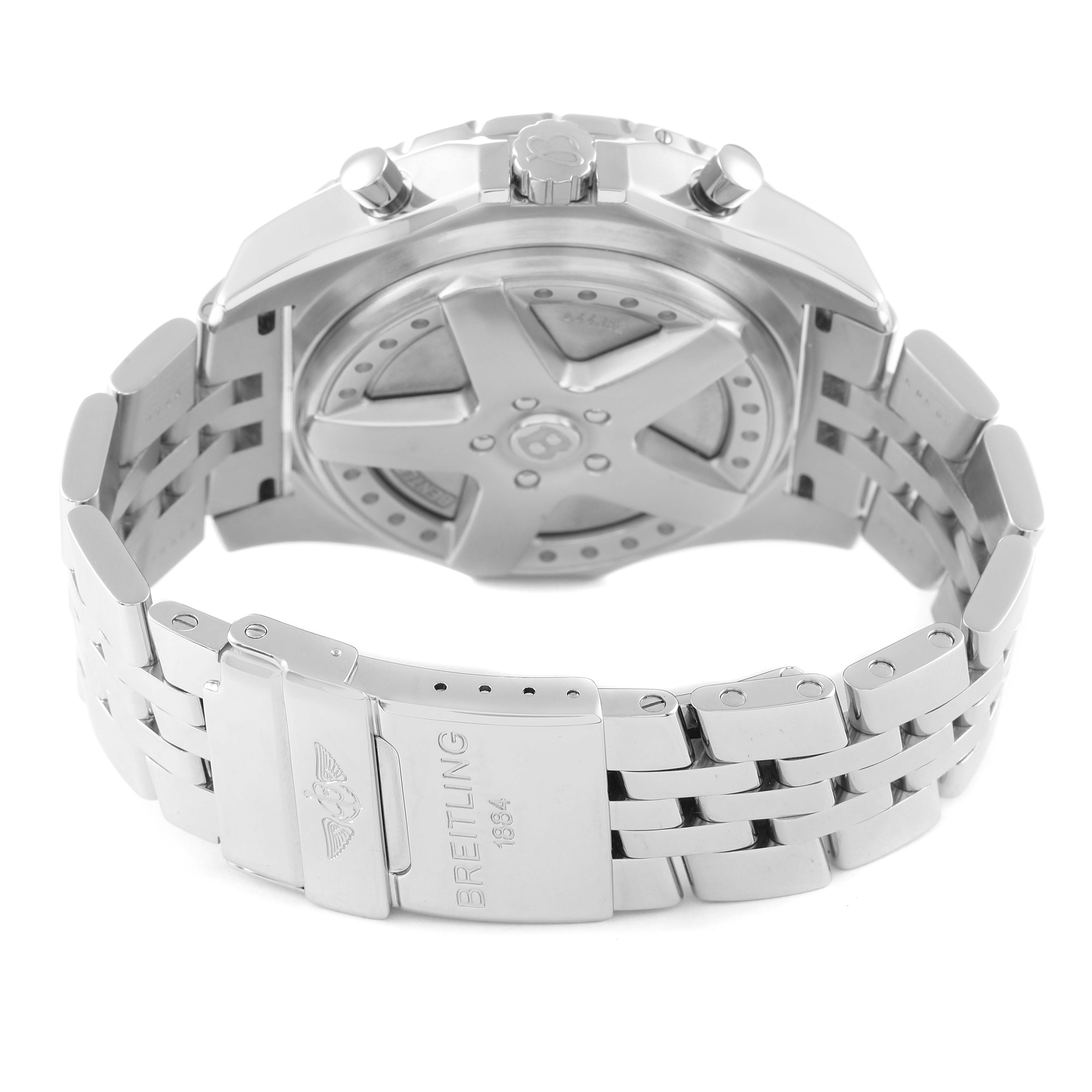 This image shows the back and clasp of a Breitling Bentley A44362 Men's Stainless Steel Brown Dial A44362 Men's Stainless Steel Brown Dial watch, highlighting the case back design and metal bracelet.