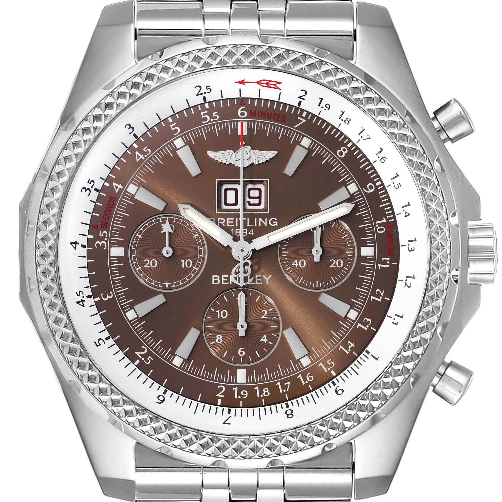 The Breitling Bentley A44362 Men's Stainless Steel Brown Dial A44362 Men's Stainless Steel Brown Dial watch is shown from the front, displaying its dial, bezel, and chronograph subdials.