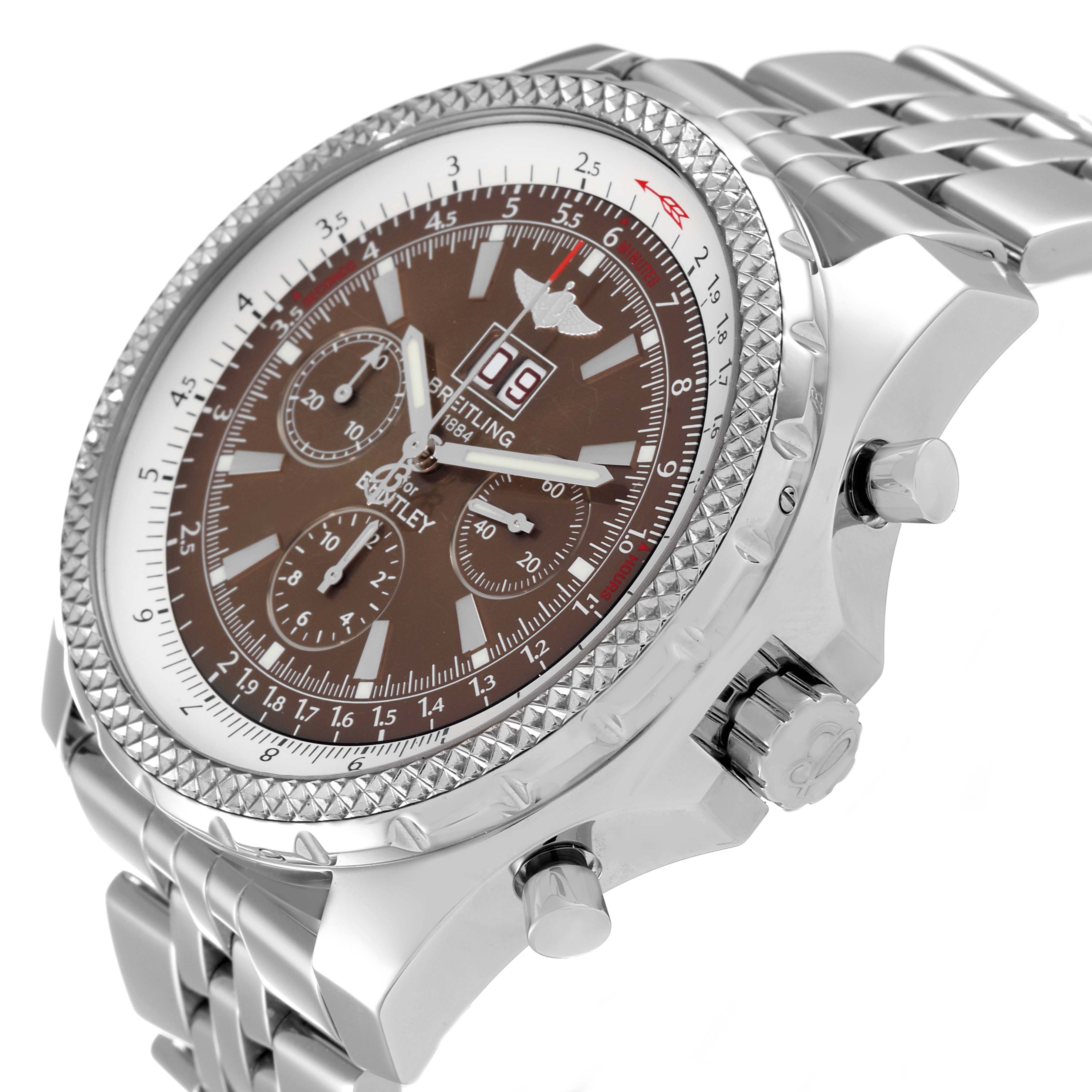 The Breitling Bentley A44362 Men's Stainless Steel Brown Dial A44362 Men's Stainless Steel Brown Dial model watch is shown at a three-quarter angle, displaying its dial, bezel, crown, and chronograph pushers.