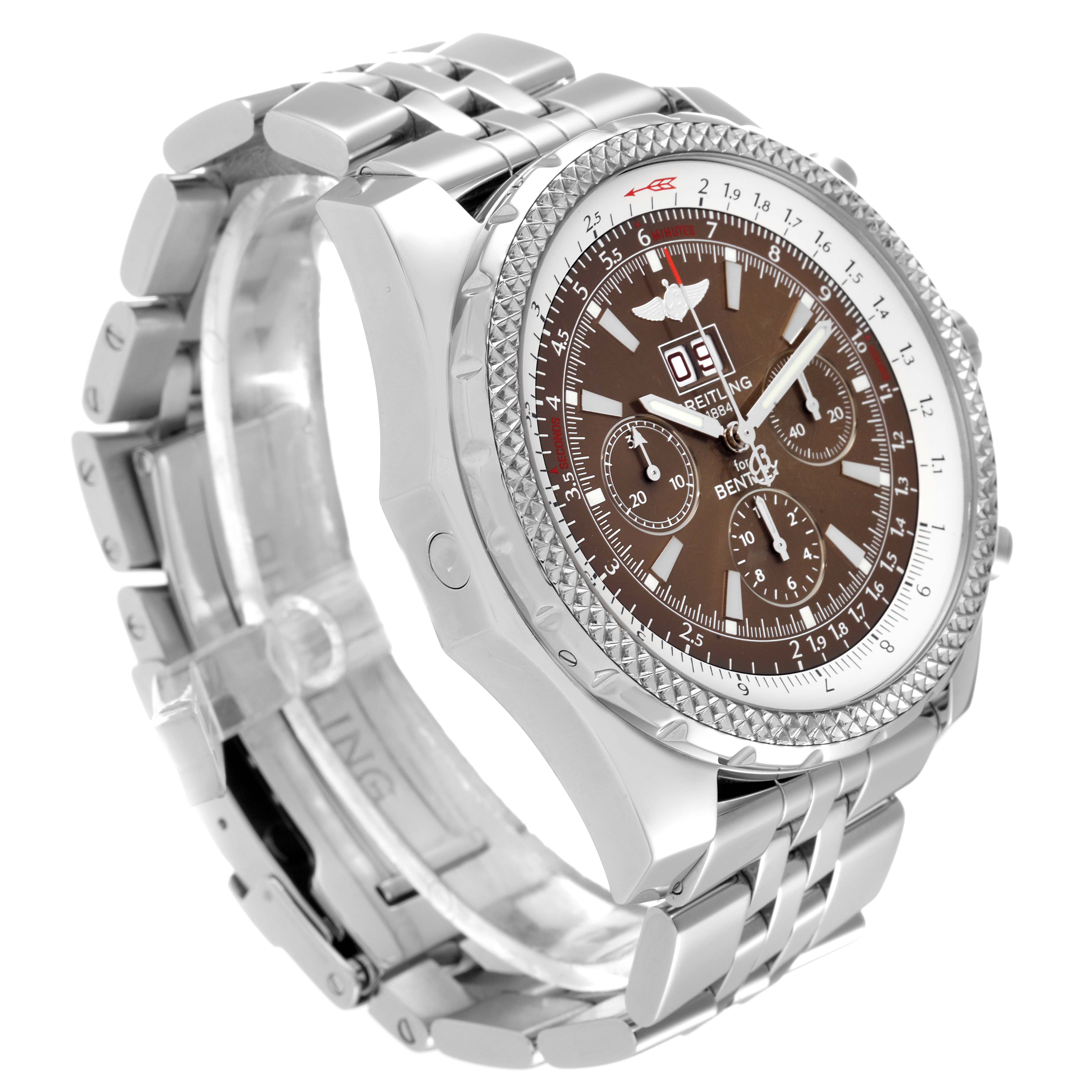 The image showcases a side and partial frontal view of the Breitling Bentley A44362 Men's Stainless Steel Brown Dial A44362 Men's Stainless Steel Brown Dial watch, highlighting its dial, bezel, and metal bracelet.