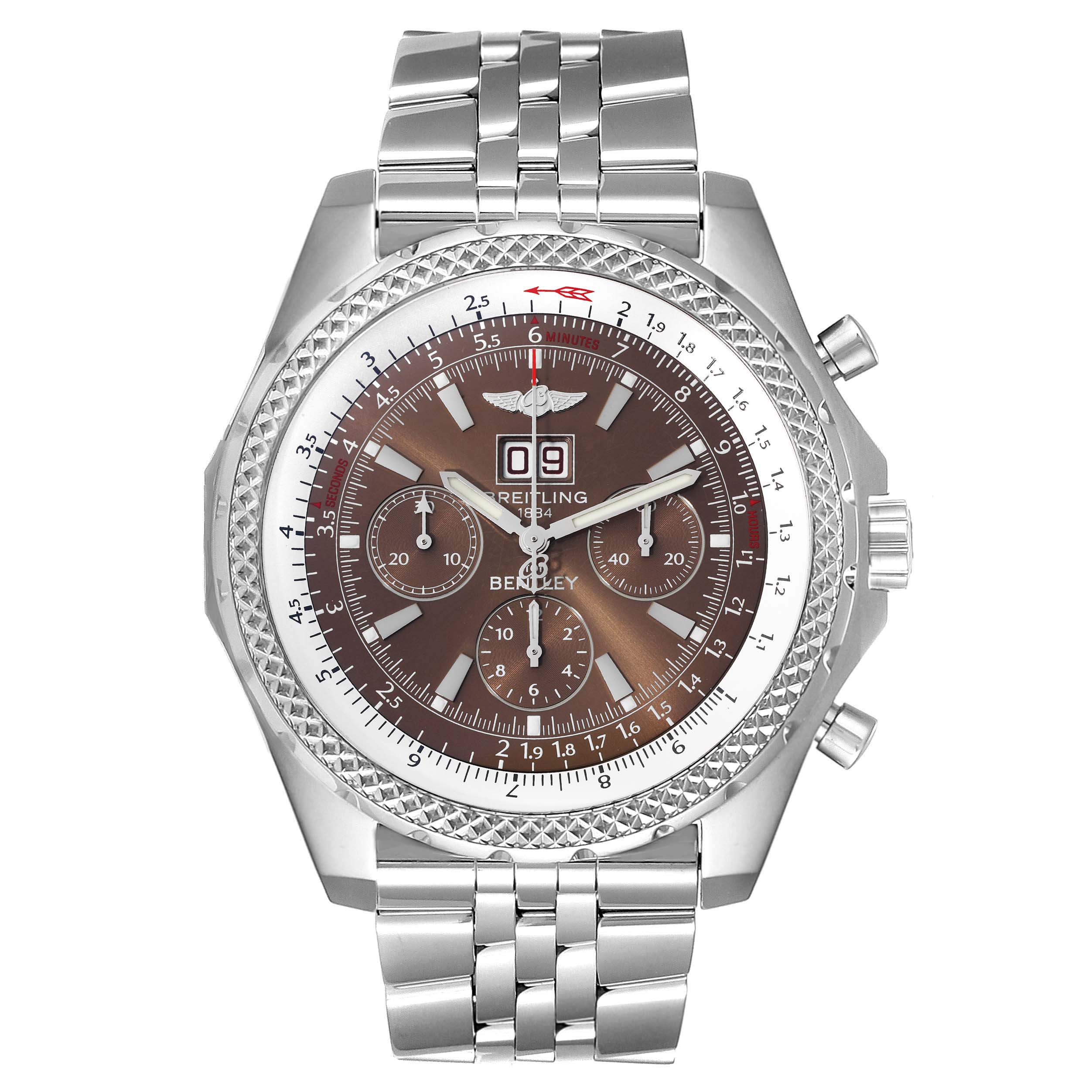 The image shows a front view of a Breitling Bentley A44362 Men's Stainless Steel Brown Dial A44362 Men's Stainless Steel Brown Dial watch, highlighting its dial, chronograph subdials, and stainless steel bracelet.