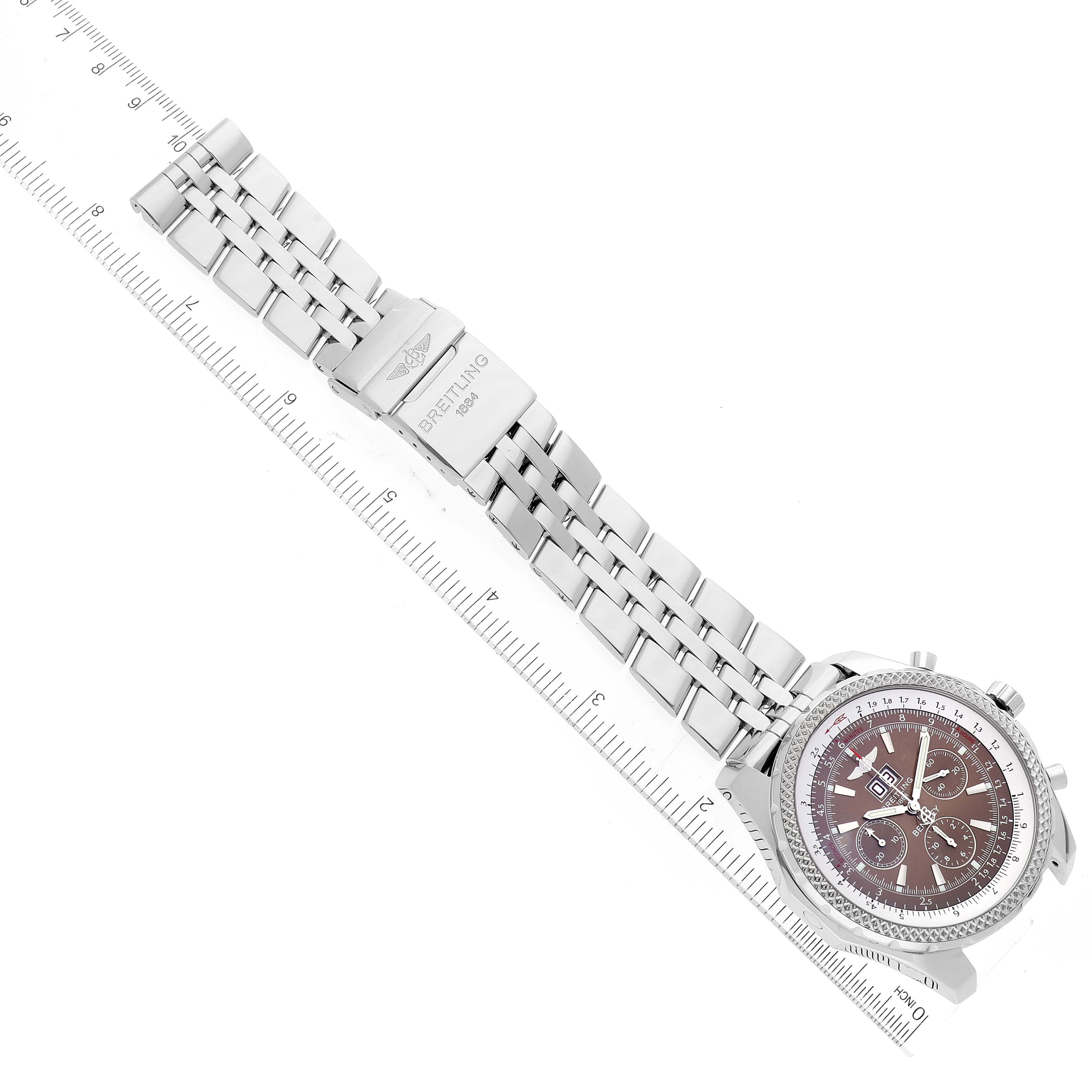 The Breitling Bentley A44362 Men's Stainless Steel Brown Dial A44362 Men's Stainless Steel Brown Dial watch is shown from a top-down angle including its face, stainless steel bracelet, and clasp.