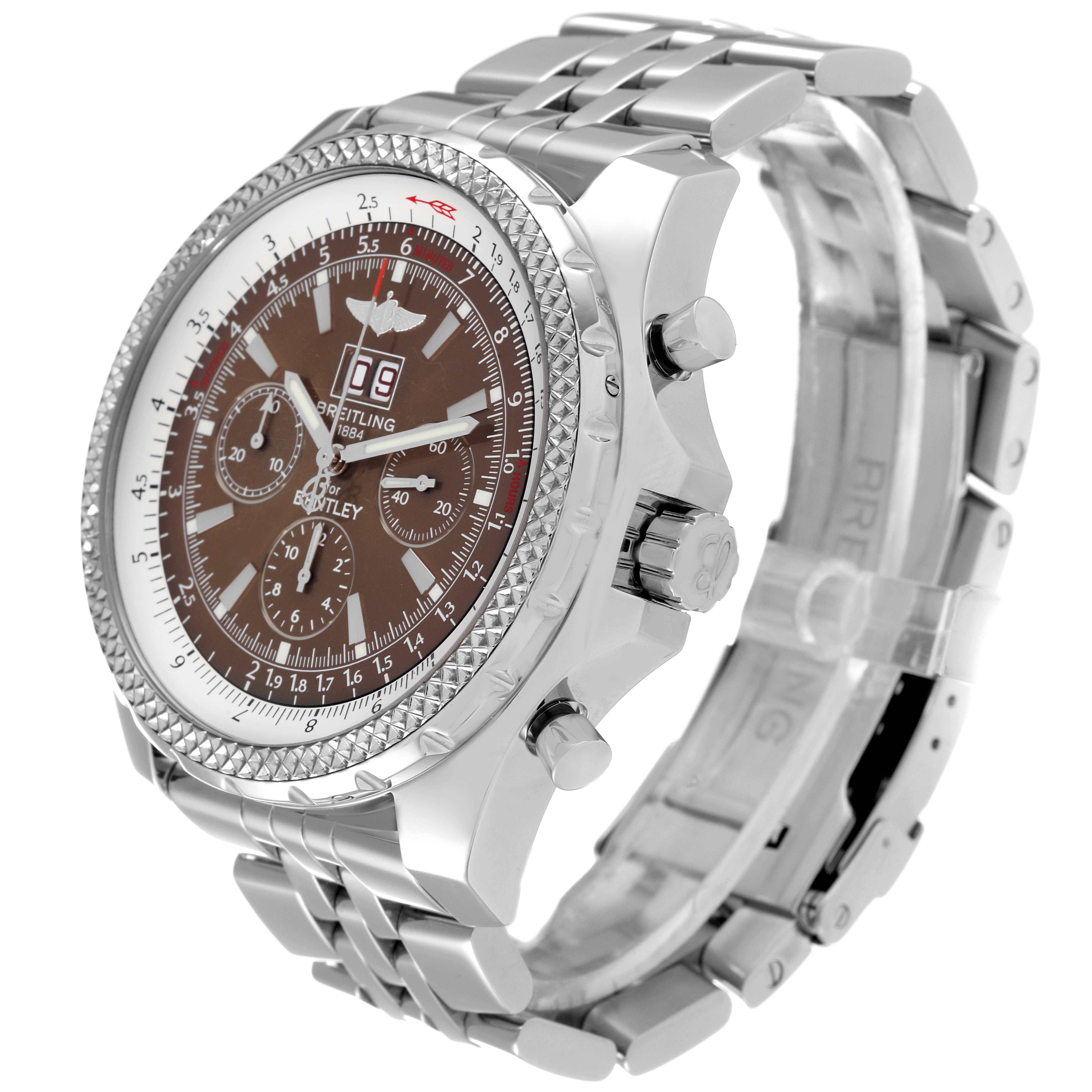 The image shows a side angle of the Breitling Bentley A44362 Men's Stainless Steel Brown Dial A44362 Men's Stainless Steel Brown Dial watch, highlighting the dial, bezel, and metal bracelet.