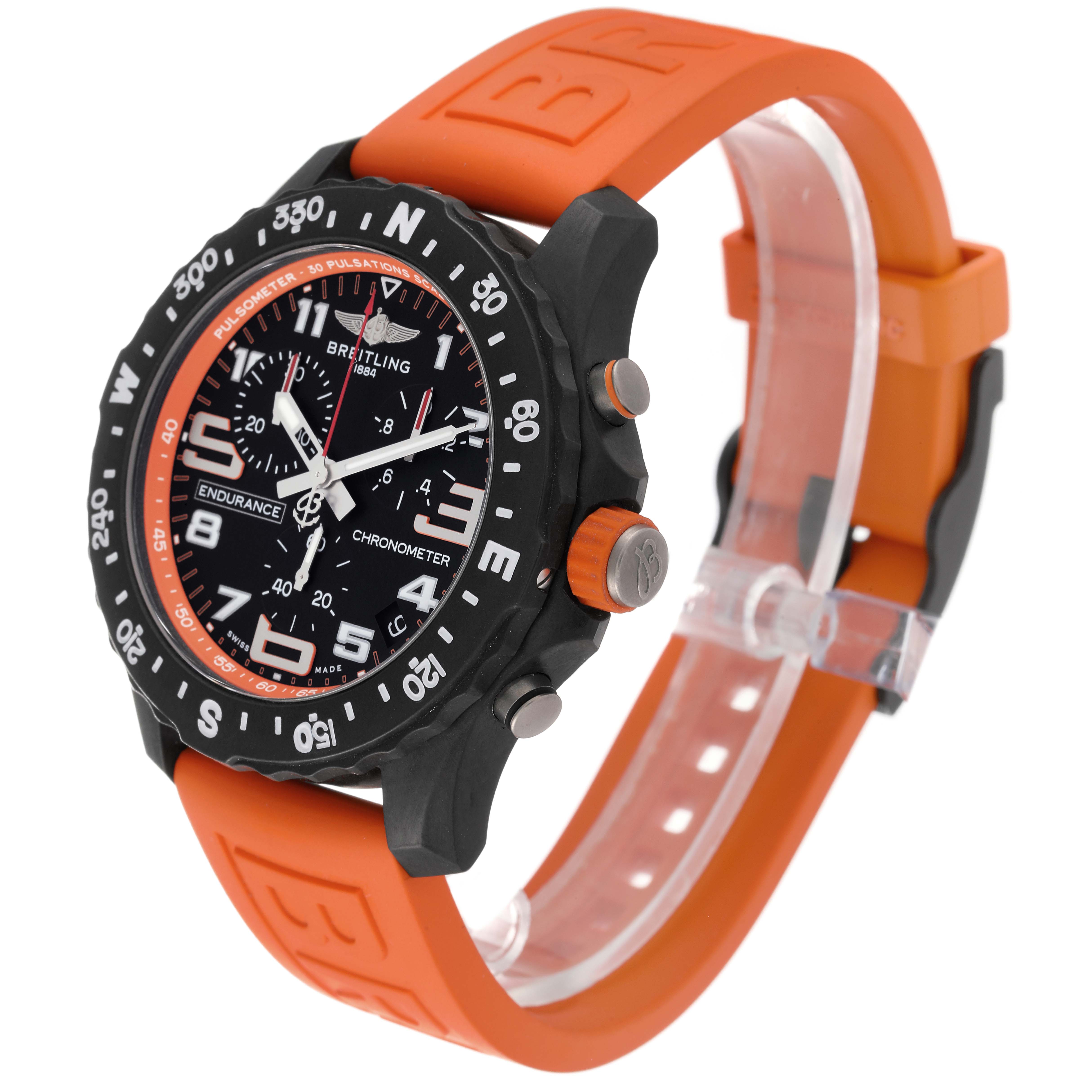 The Breitling Professional Series X82310 Men's Titanium Black Dial X82310 Men's Titanium Black Dial watch is shown from a front-right angle, highlighting the face, bezel, and orange strap.