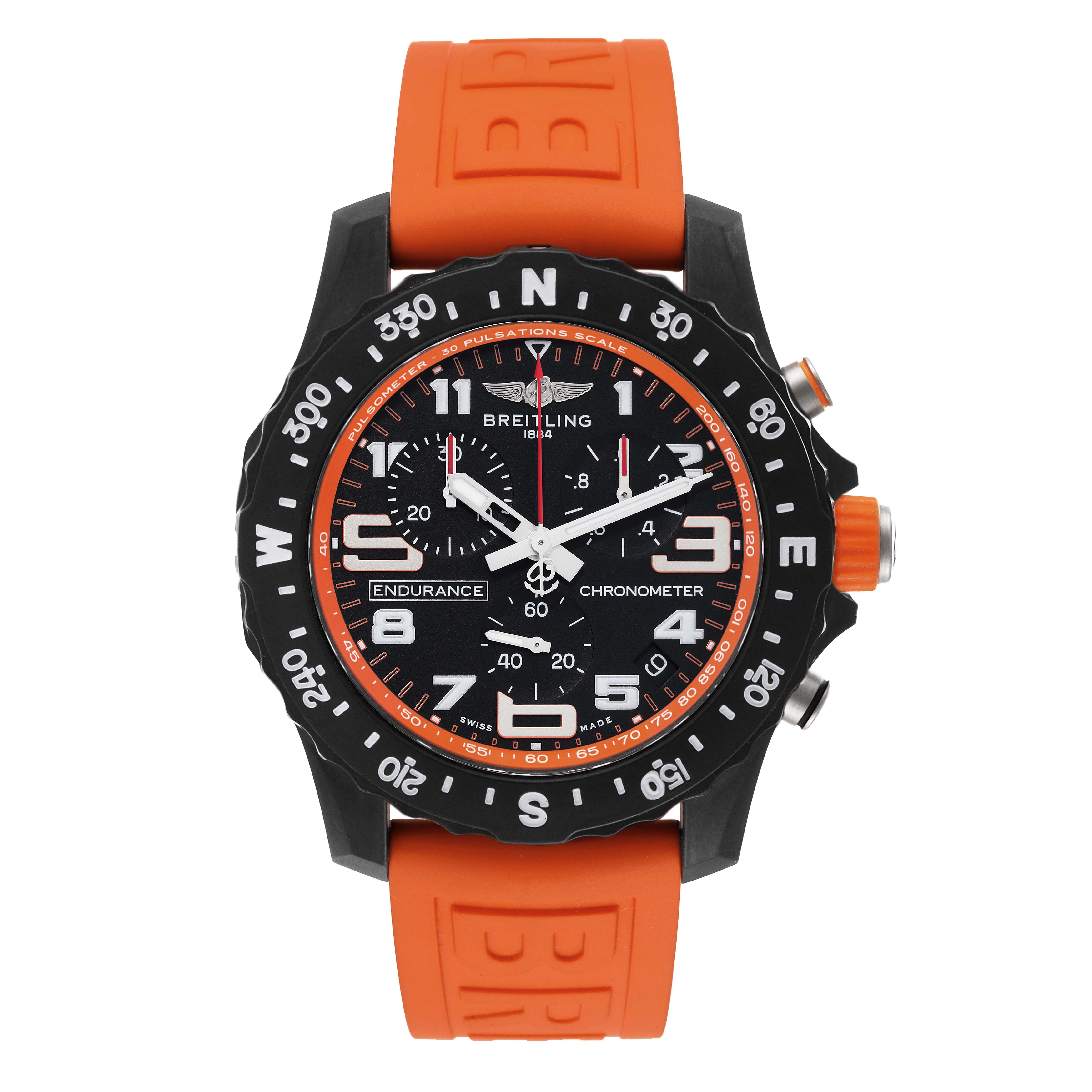 The Breitling Professional Series X82310 Men's Titanium Black Dial X82310 Men's Titanium Black Dial watch is shown from a front angle, highlighting the face, bezel, and orange strap.