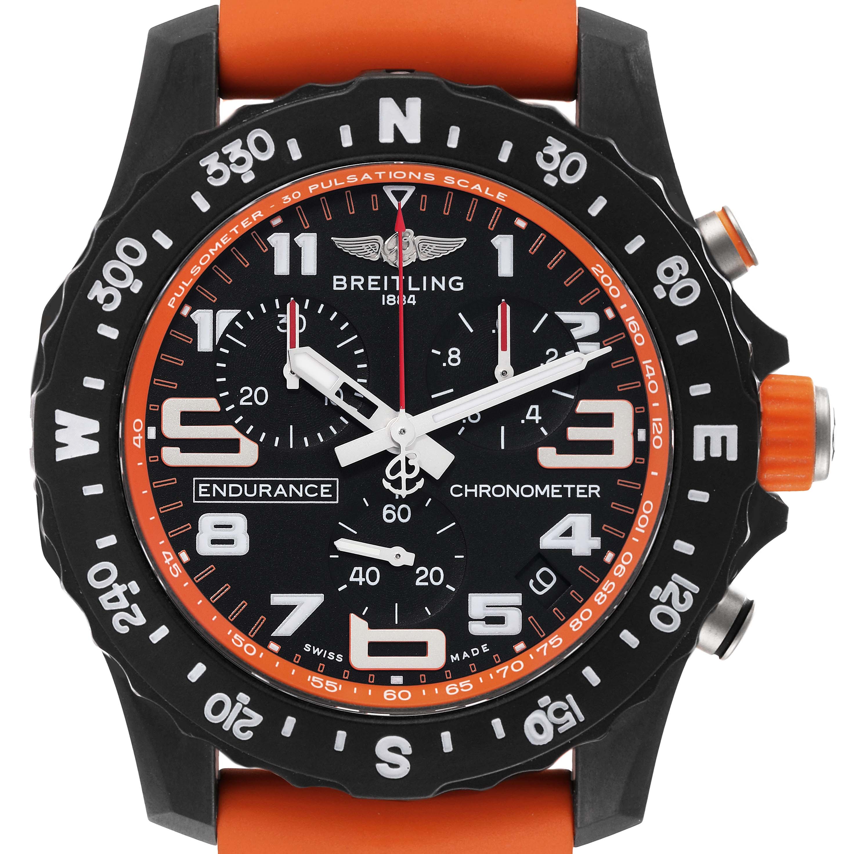 This image shows a front view of the Breitling Professional Series X82310 Men's Titanium Black Dial X82310 Men's Titanium Black Dial Endurance chronometer watch with an orange strap and black dial.